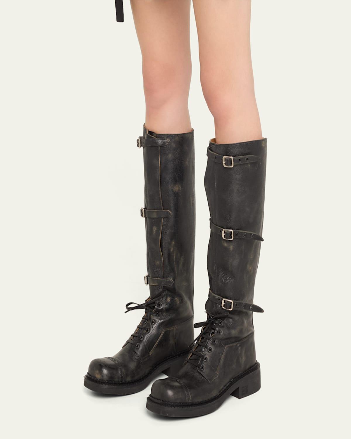 Miu Miu Antic Buckle Distressed Leather Knee-High Boots in