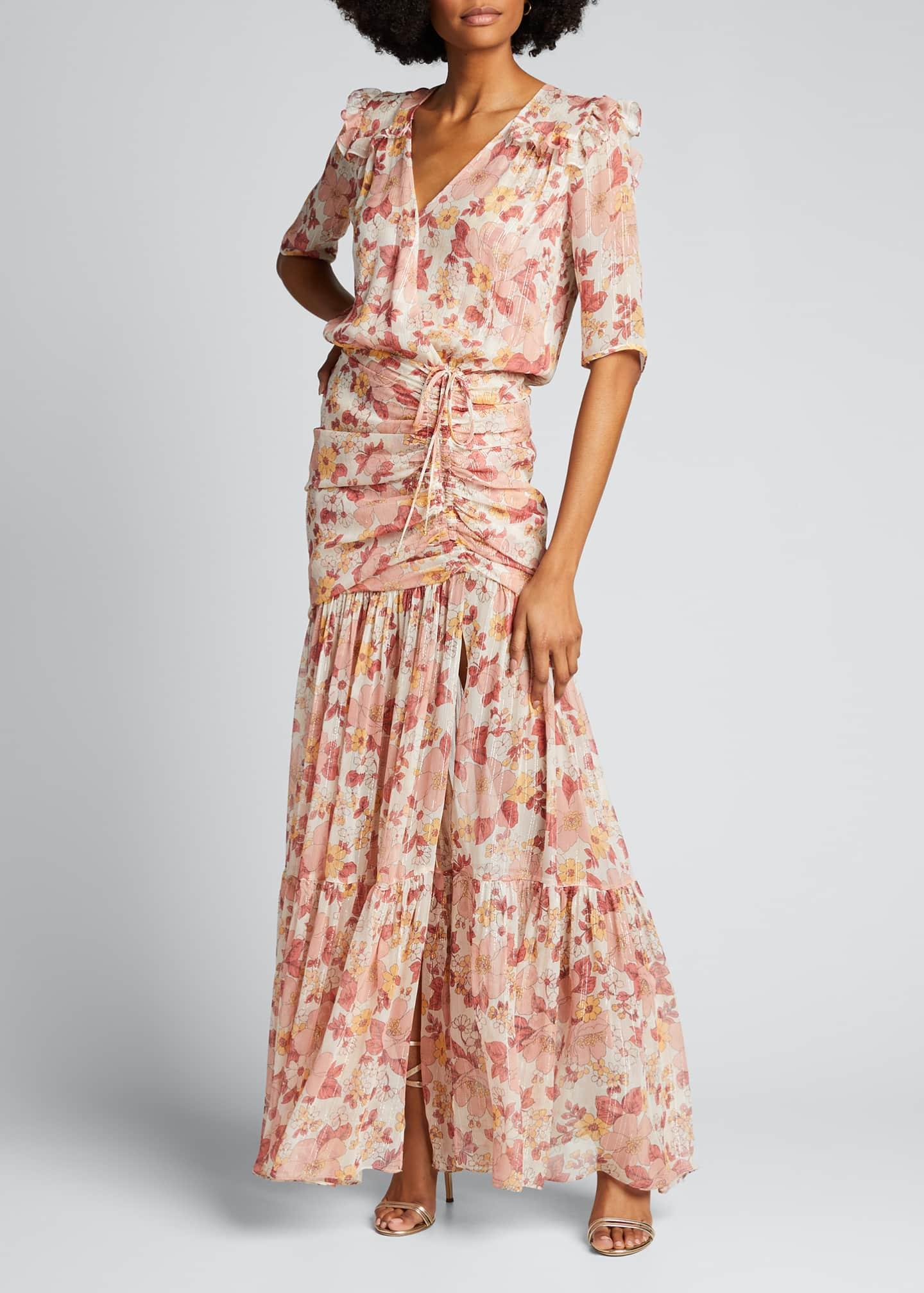 Veronica Beard Silk Mick Ruched Floral-print Long Dress in Pink - Lyst
