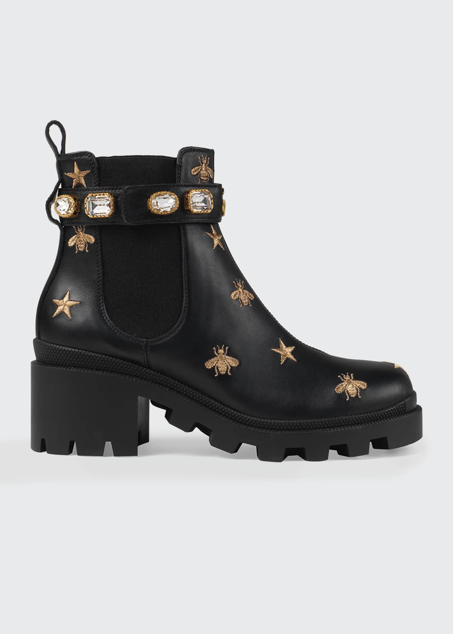 Gucci Embroidered Leather Ankle Boot With Belt in Black | Lyst