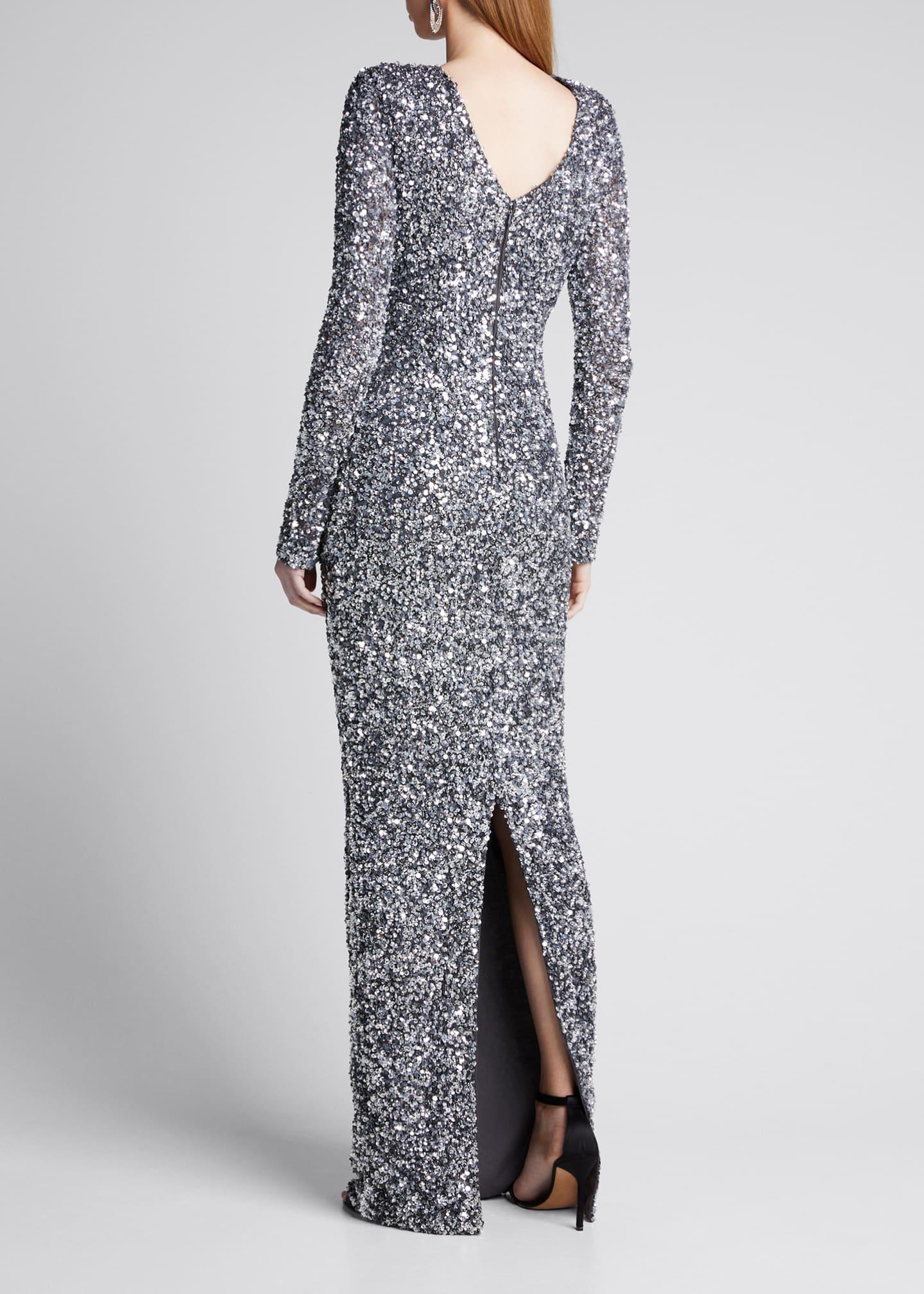 Rachel Gilbert Synthetic Mixed Sequined Long-sleeve Column Gown in Silver (Metallic) - Save 60% 