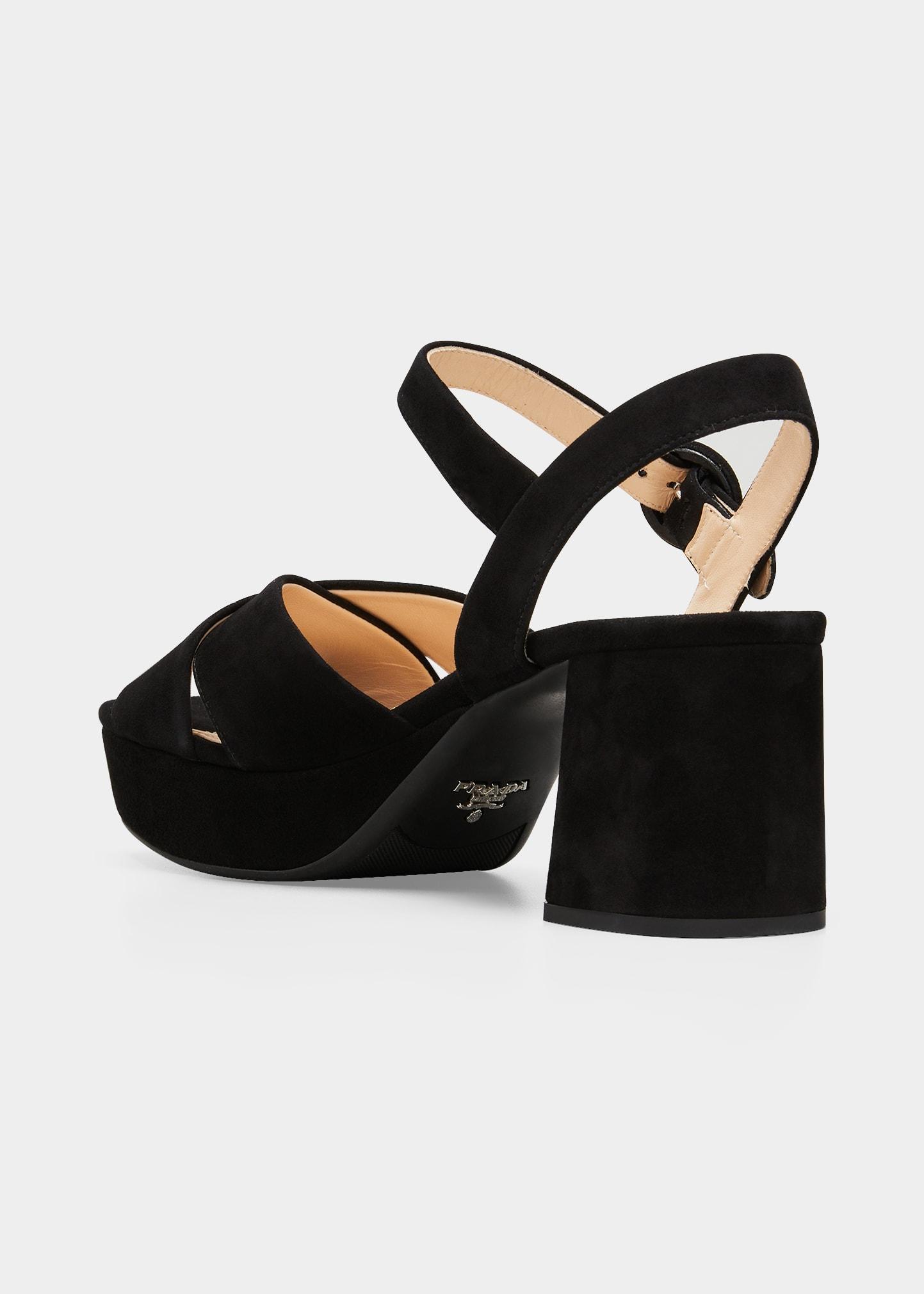 Prada 65mm Suede Crisscross Platform Sandals in Black | Lyst