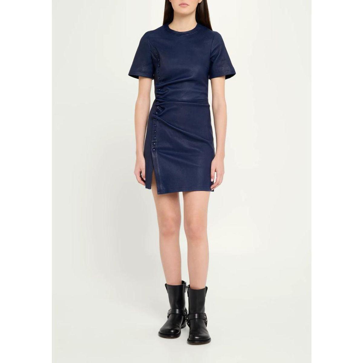 Rabanne Ruched Leather Short-Sleeve Mini Dress in Blue