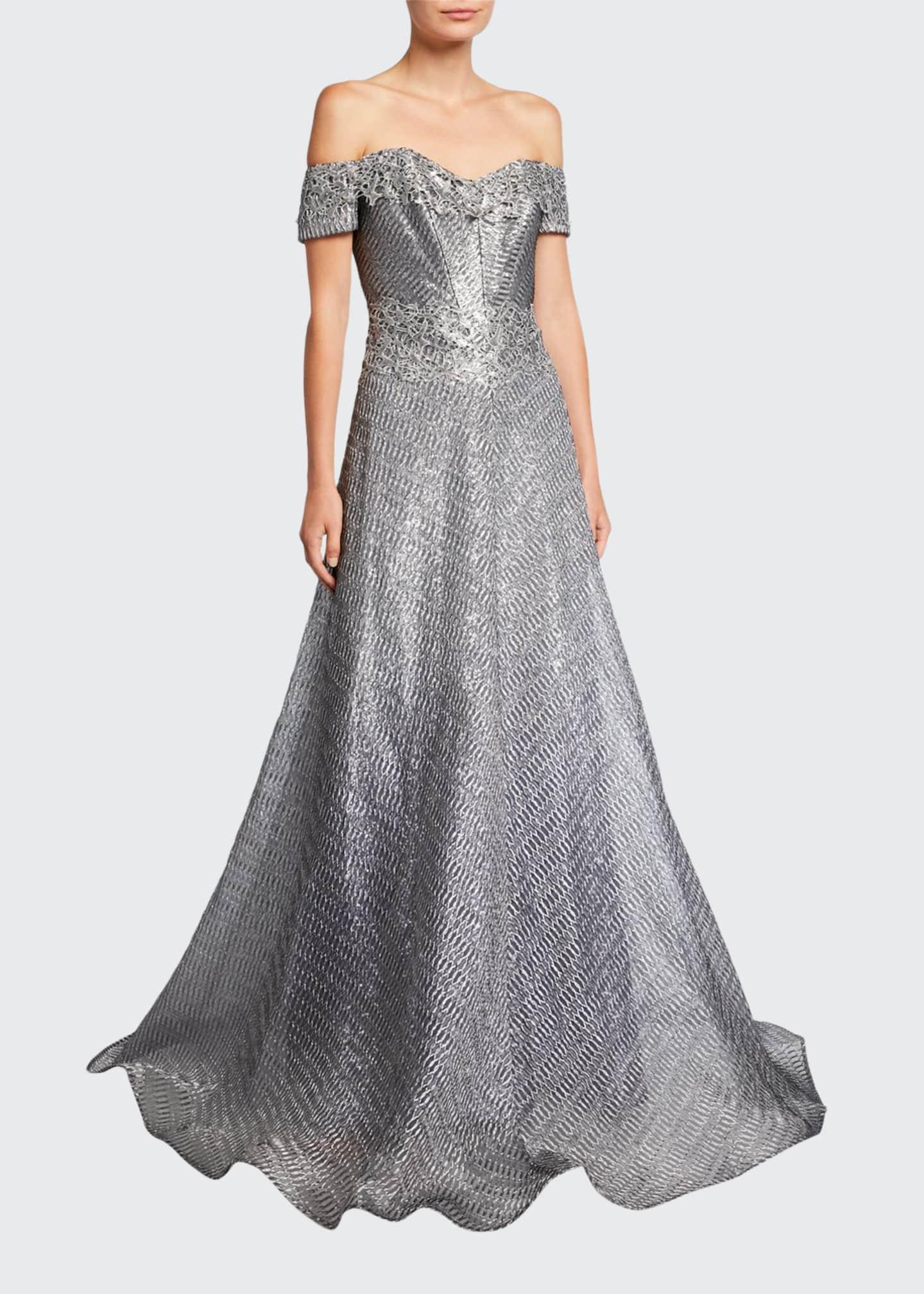 Rene Ruiz Synthetic Off-the-shoulder Short-sleeve Gown in Silver ...