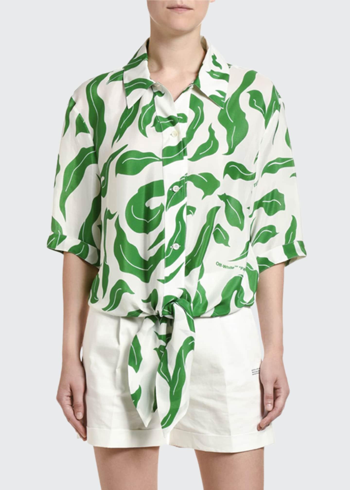 Off-White c/o Virgil Abloh Leaf Print Satin Baseball-knotted Shirt in White/Green (Green) - Save 