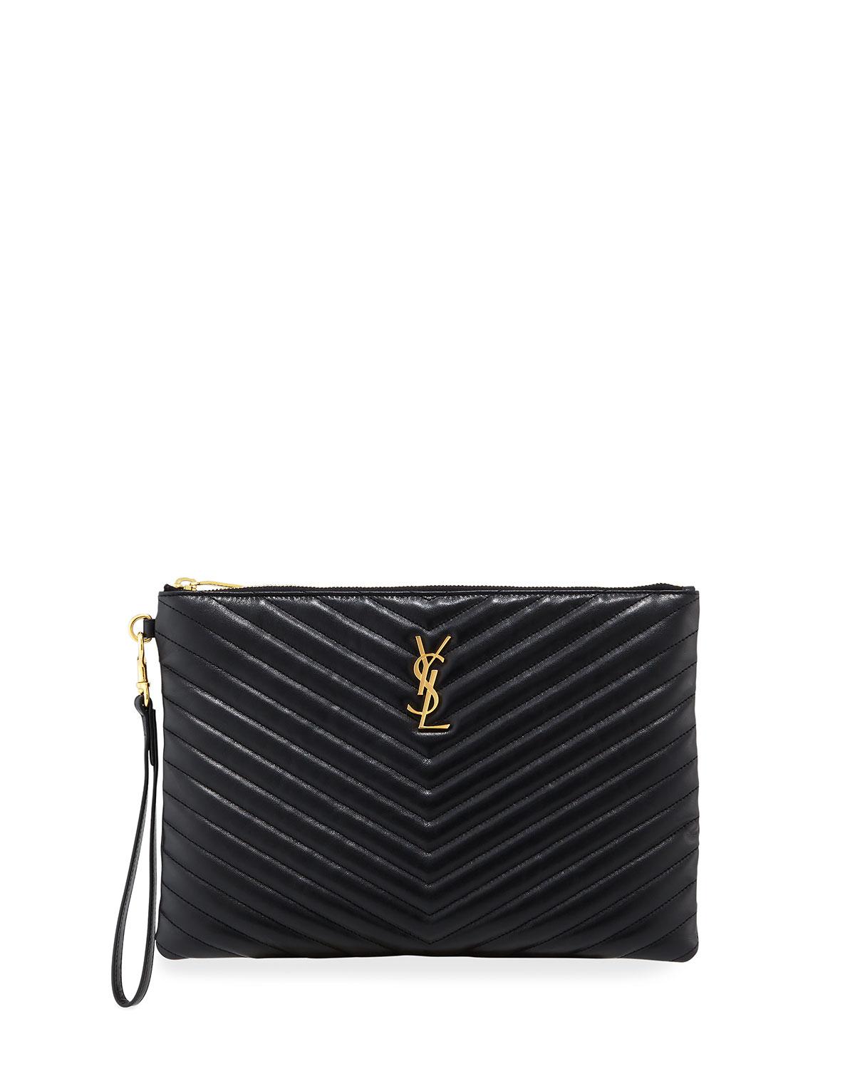 Saint Laurent Leather Monogram Ysl Quilted Wristlet Pouch Bag in Black - Lyst