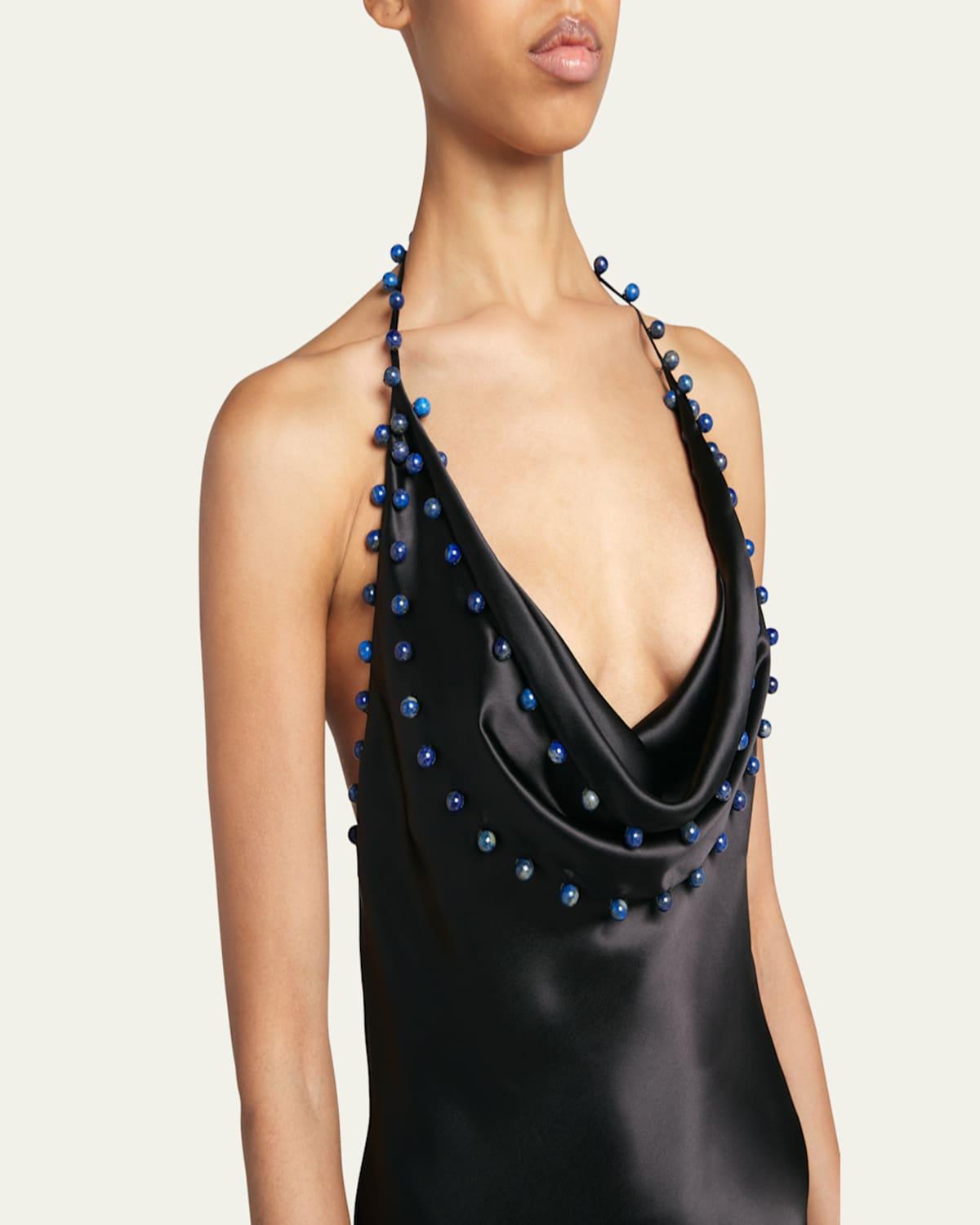 Bottega Veneta Beaded Halter Washed Fluid Shine Viscose Dress in 