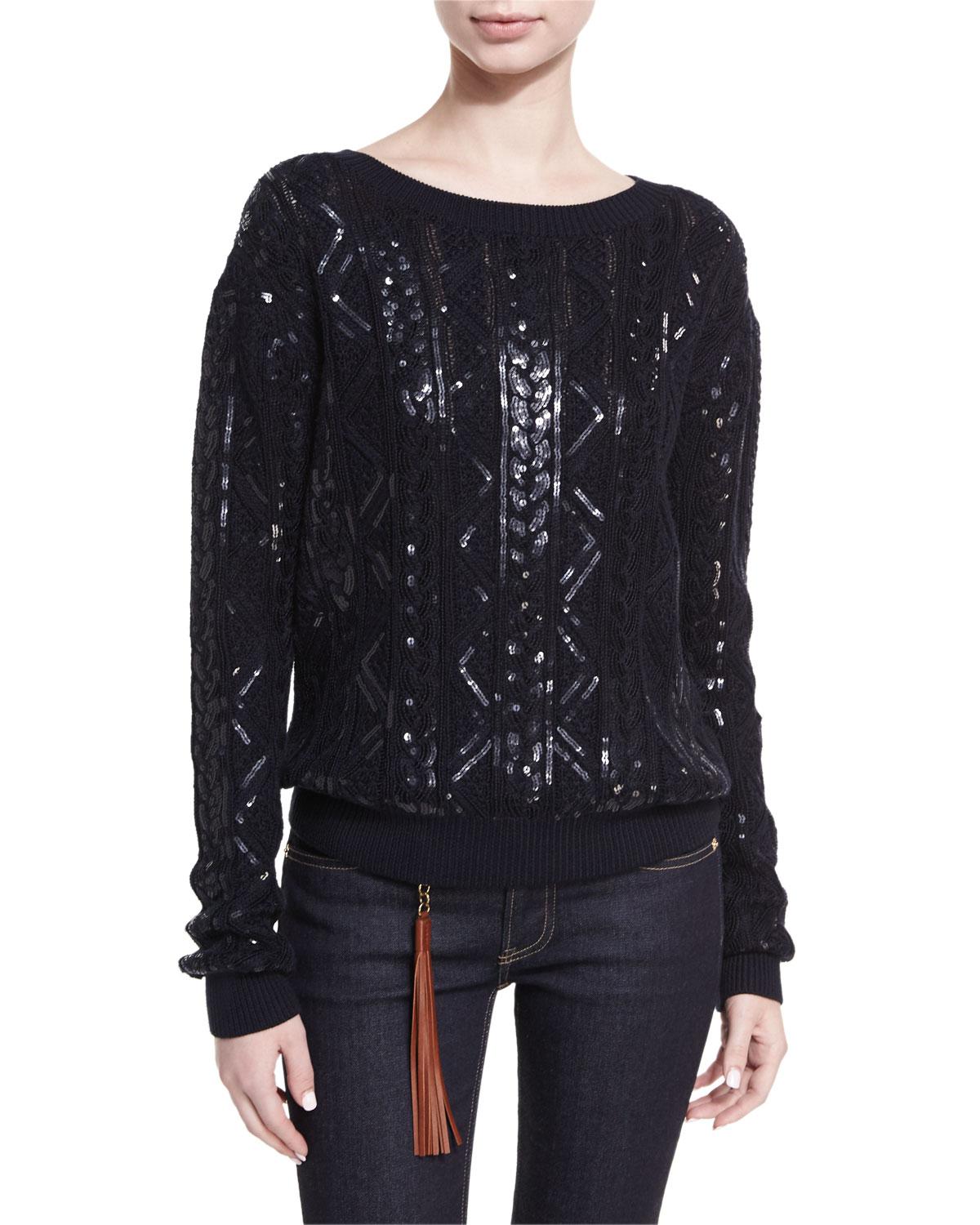 Ralph Lauren Collection Sequined Cableknit Silknylon Sweater in Navy