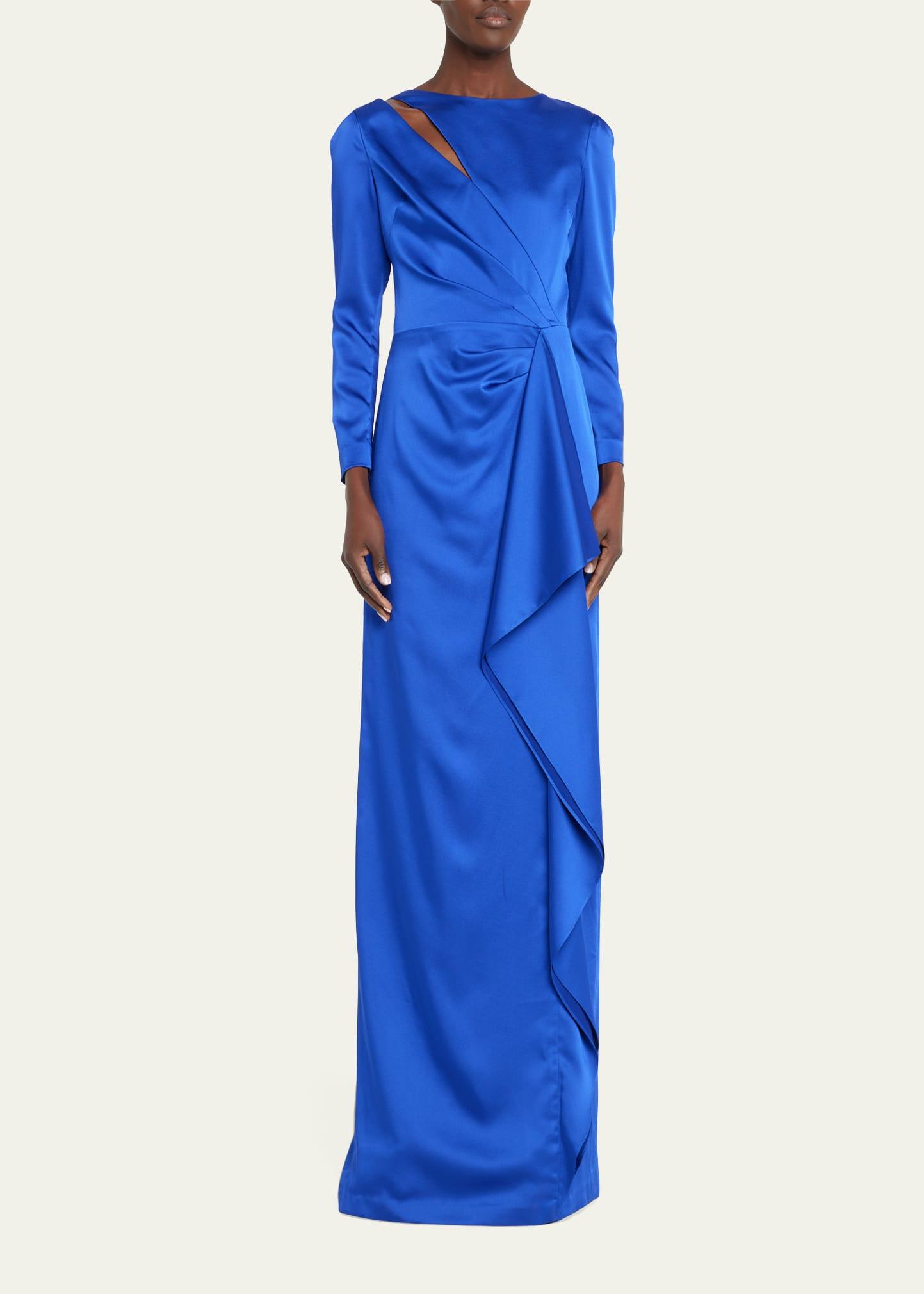 Teri Jon Pleated Cutout Satin Crepe Gown in Blue | Lyst