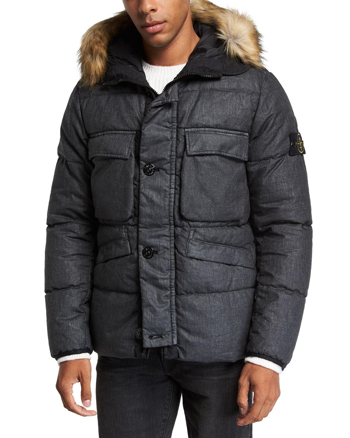 Stone Island Men's Down Puffer Coat With Faux-fur Trim in Black for Men -  Lyst