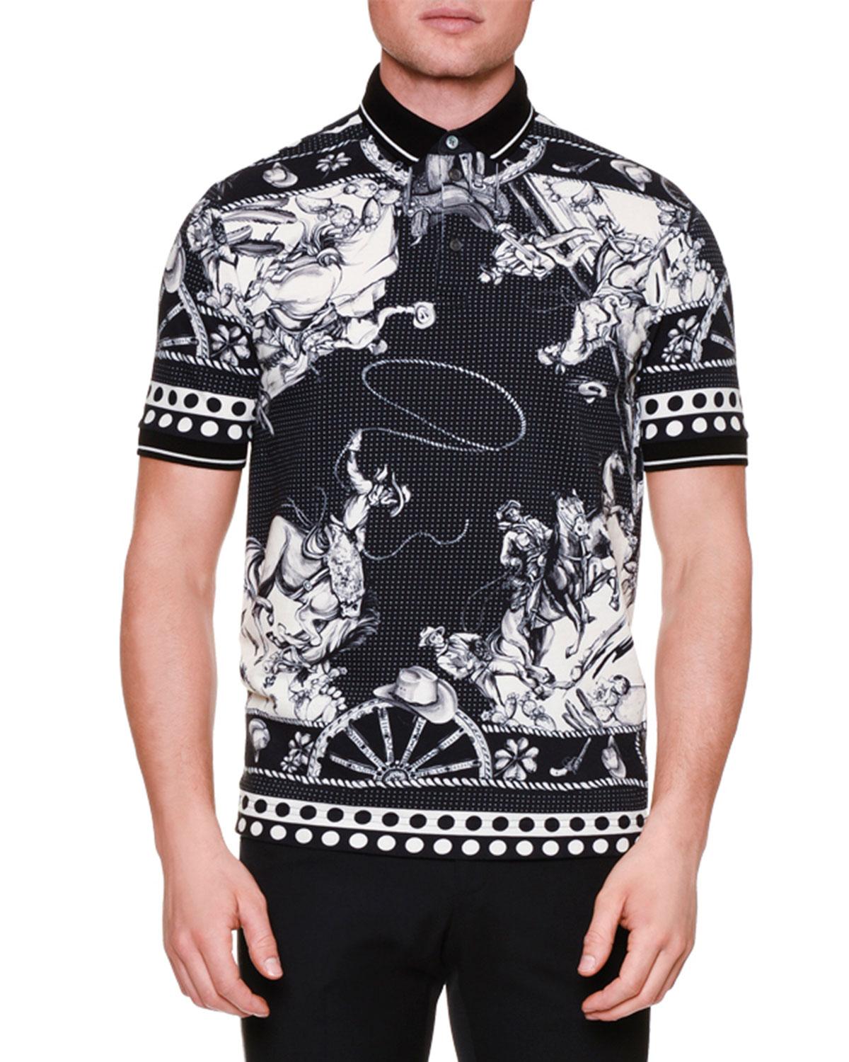 Dolce & Gabbana Western-print Pique Polo Shirt in Black for Men - Lyst
