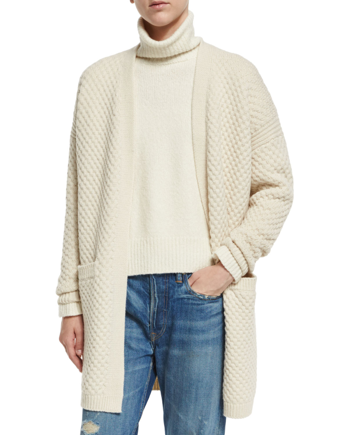 Lyst Vince  Honeycomb knit Long Cardigan  in White