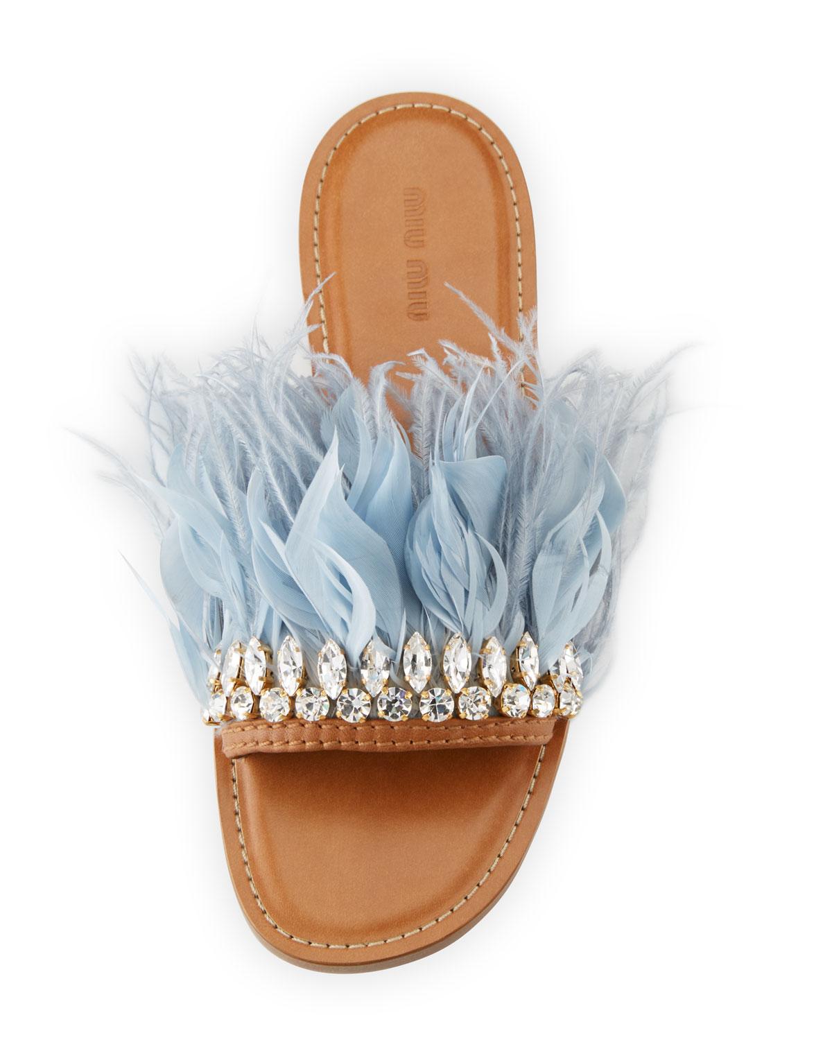Miu Miu Jeweled Feather Mule Slide Sandals in Blue Lyst