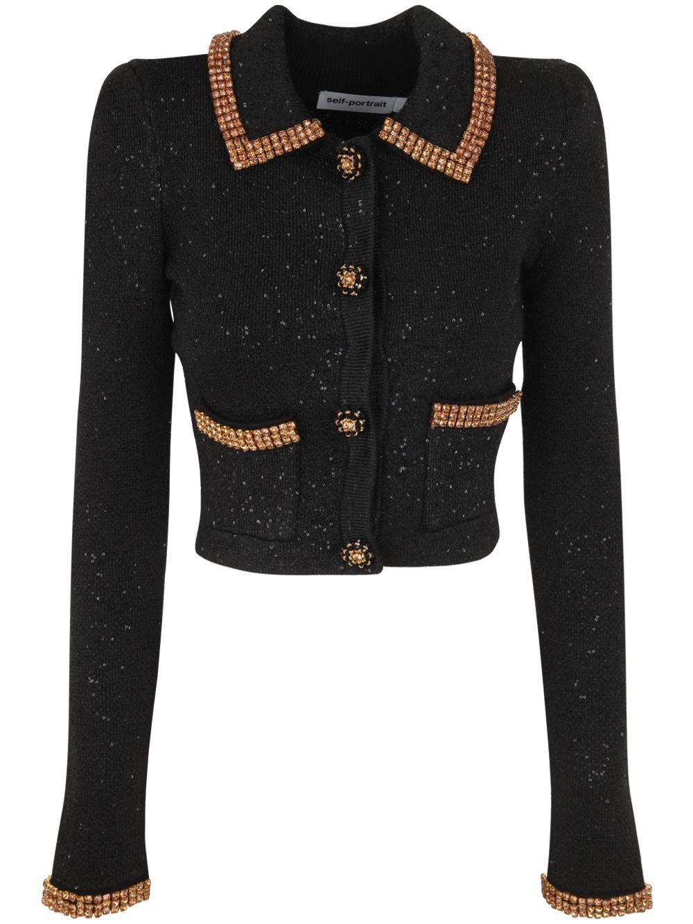 Self-Portrait Black Knit Gold Diamante Cardigan | Lyst