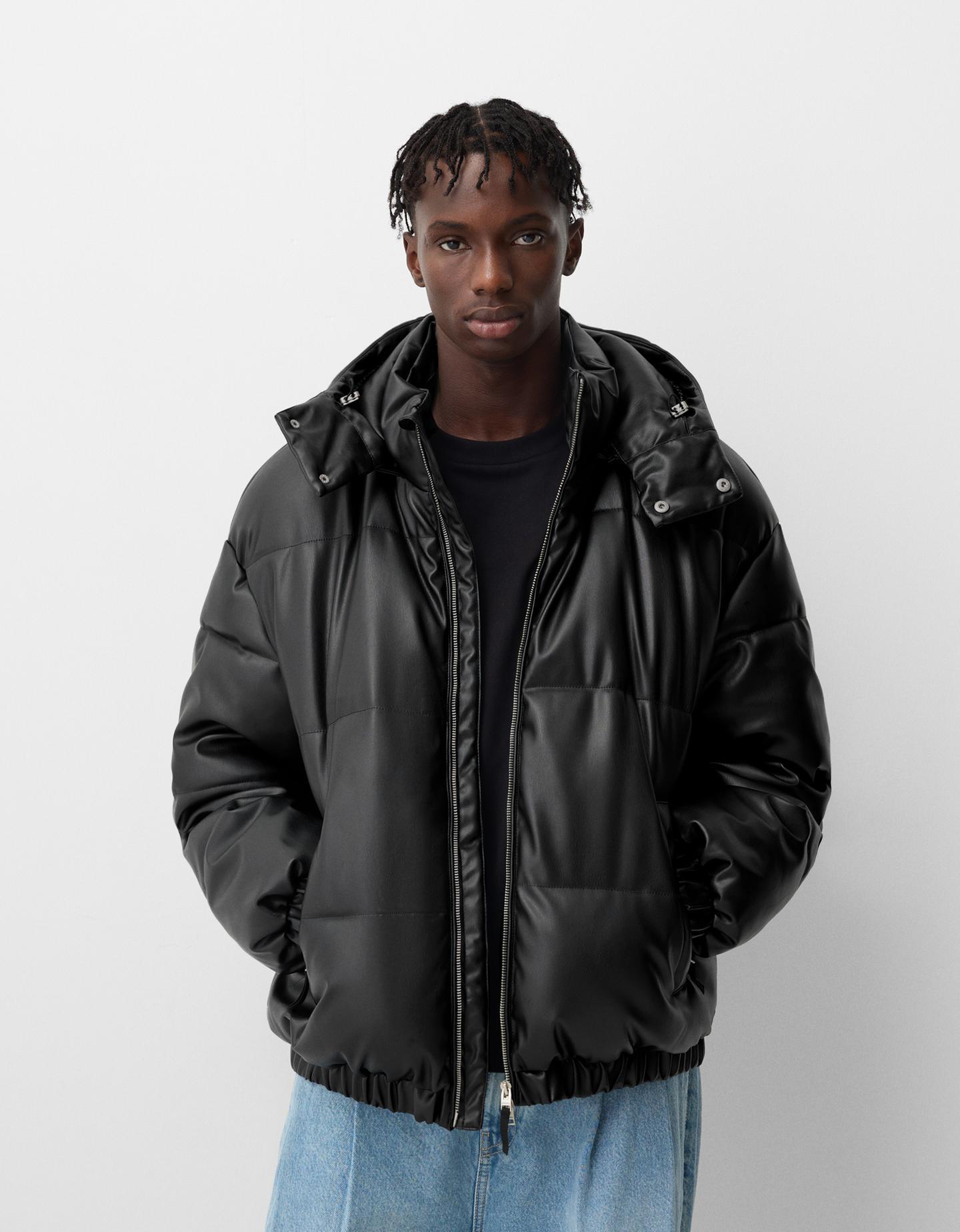 Bershka Faux Leather Puffer Jacket in Black for Men Lyst