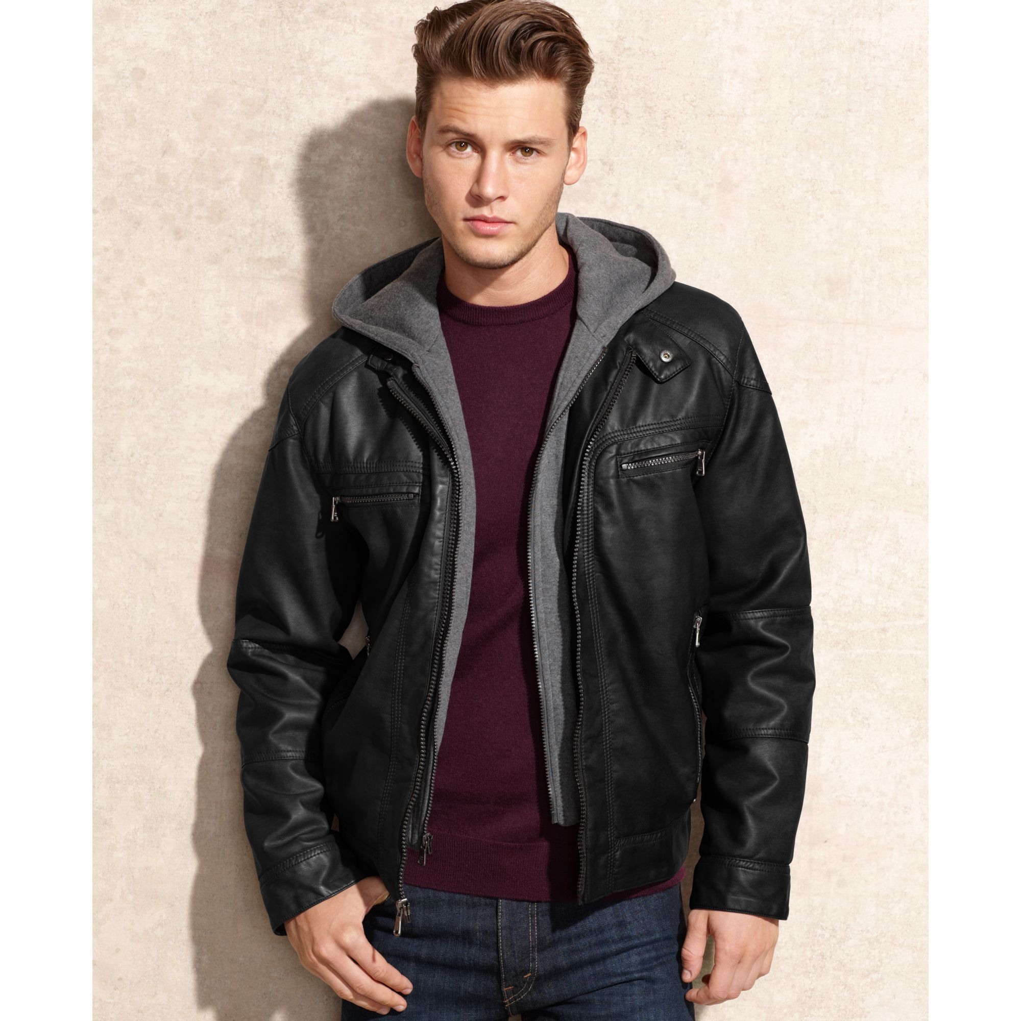 Calvin Klein Hooded Faux Leather Jacket in Black for Men | Lyst