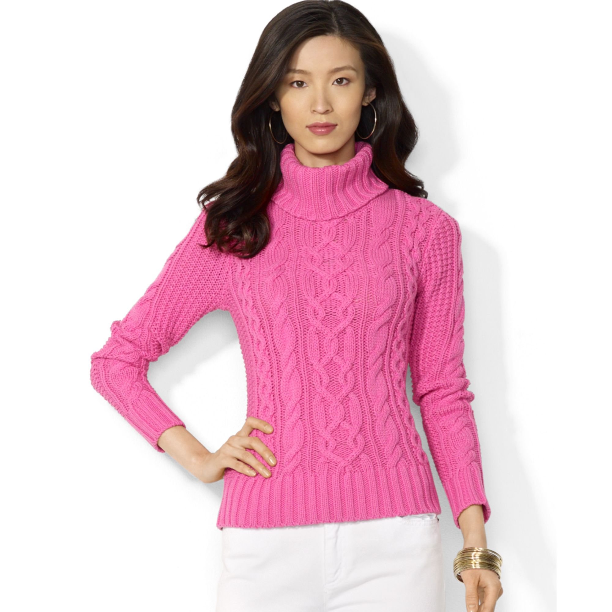 pink cable knit turtleneck sweater