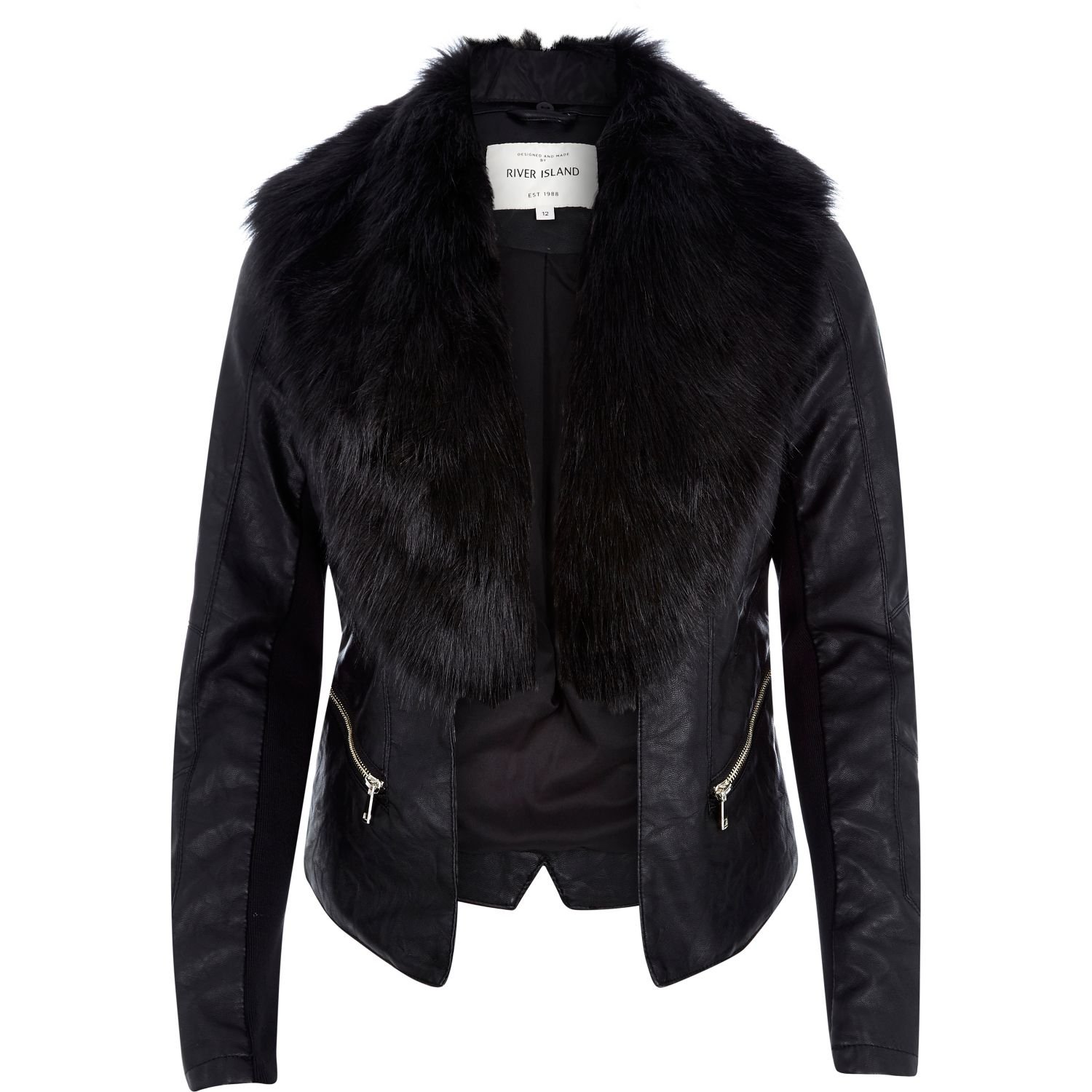 River Island Black Leather-look Faux Fur Jacket in Black | Lyst