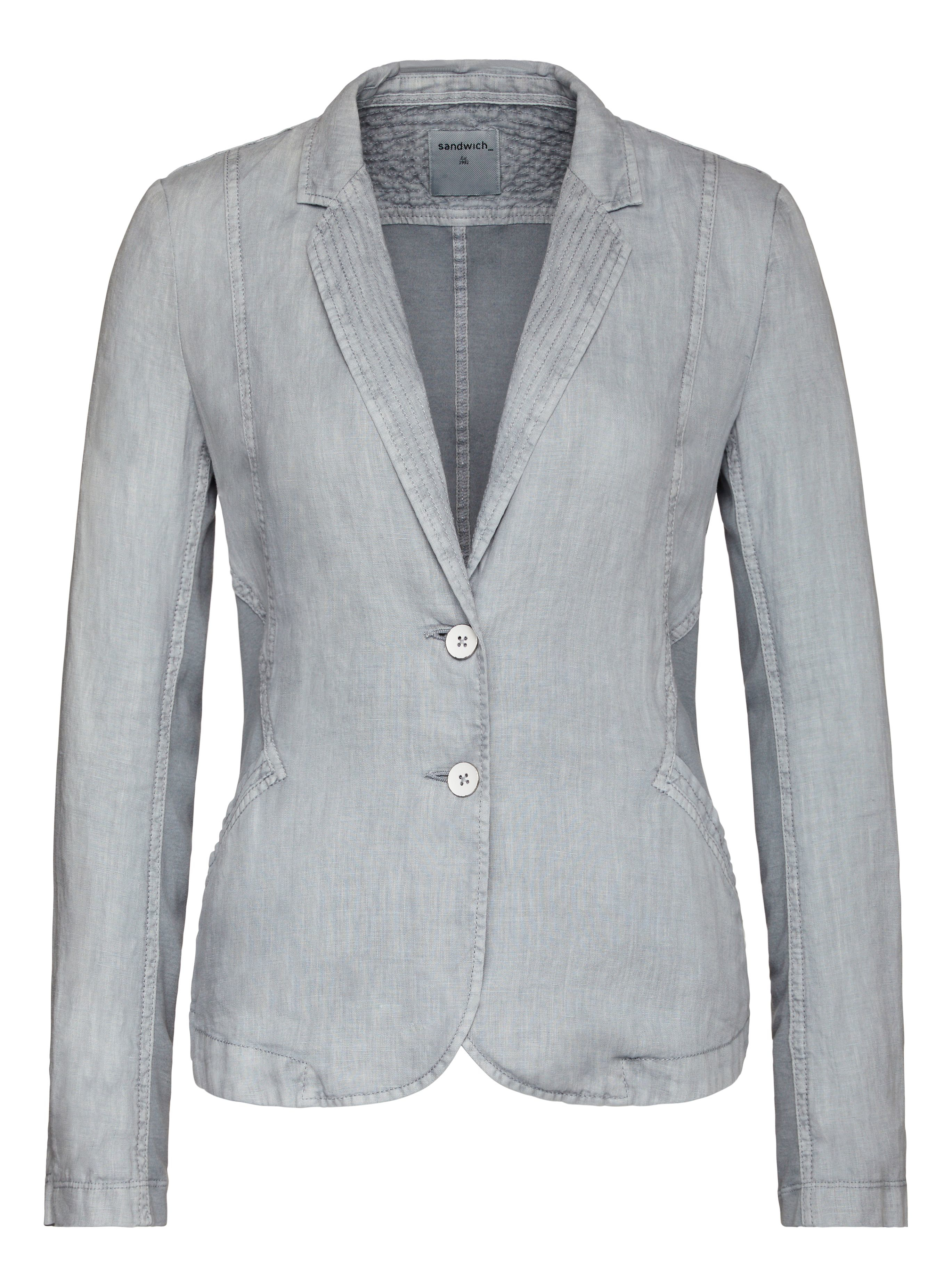 All Listings Bluish-grey linen jacket, features front detail that is made of rarely woven fabric from brown and light blue yarns. This detail matches the wide belt. Stylish and practical summer garment: stay warm with tied belt or beltless for a sizzling summer day.