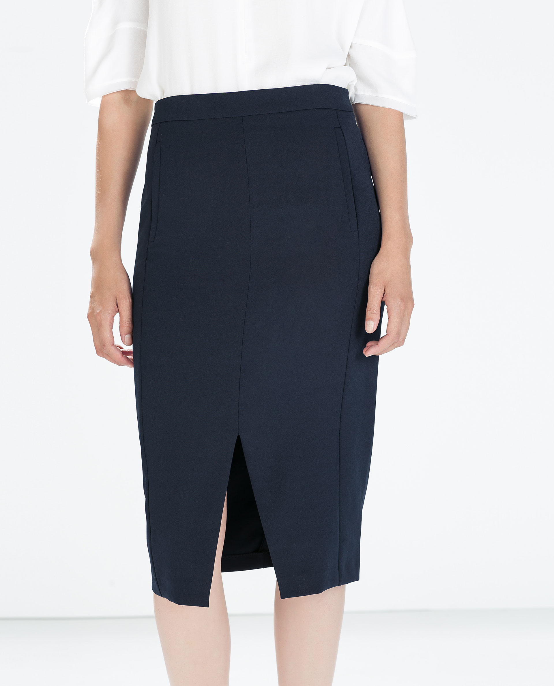 Zara Pencil Skirt With Front Slit in Blue Lyst