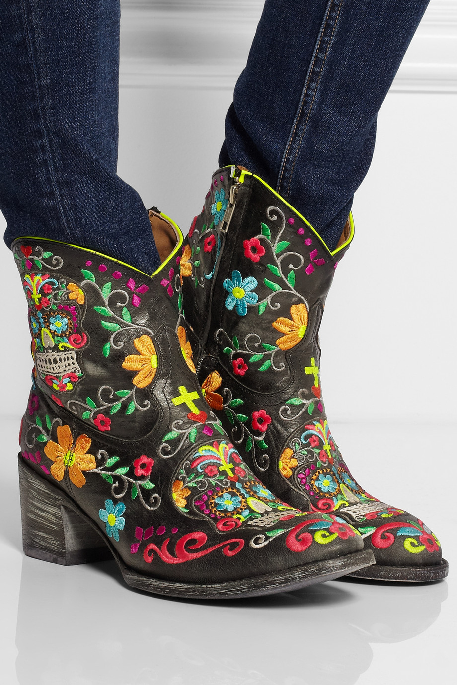 Mexicana Klak Embroidered Distressed Leather Ankle Boots in Black Lyst