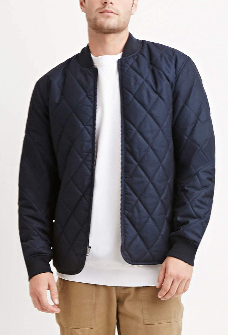 blue quilted bomber jacket