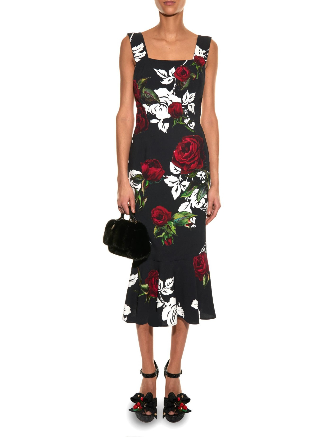 Dolce & Gabbana Satin Fluted Hem Rose-print Dress in Black Red 