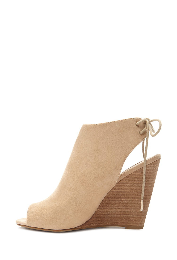 Faux Suede Peep-toe Wedges in Beige 