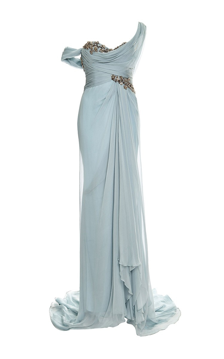 Marchesa Embroidered One-Shoulder Chiffon Gown in Blue | Lyst