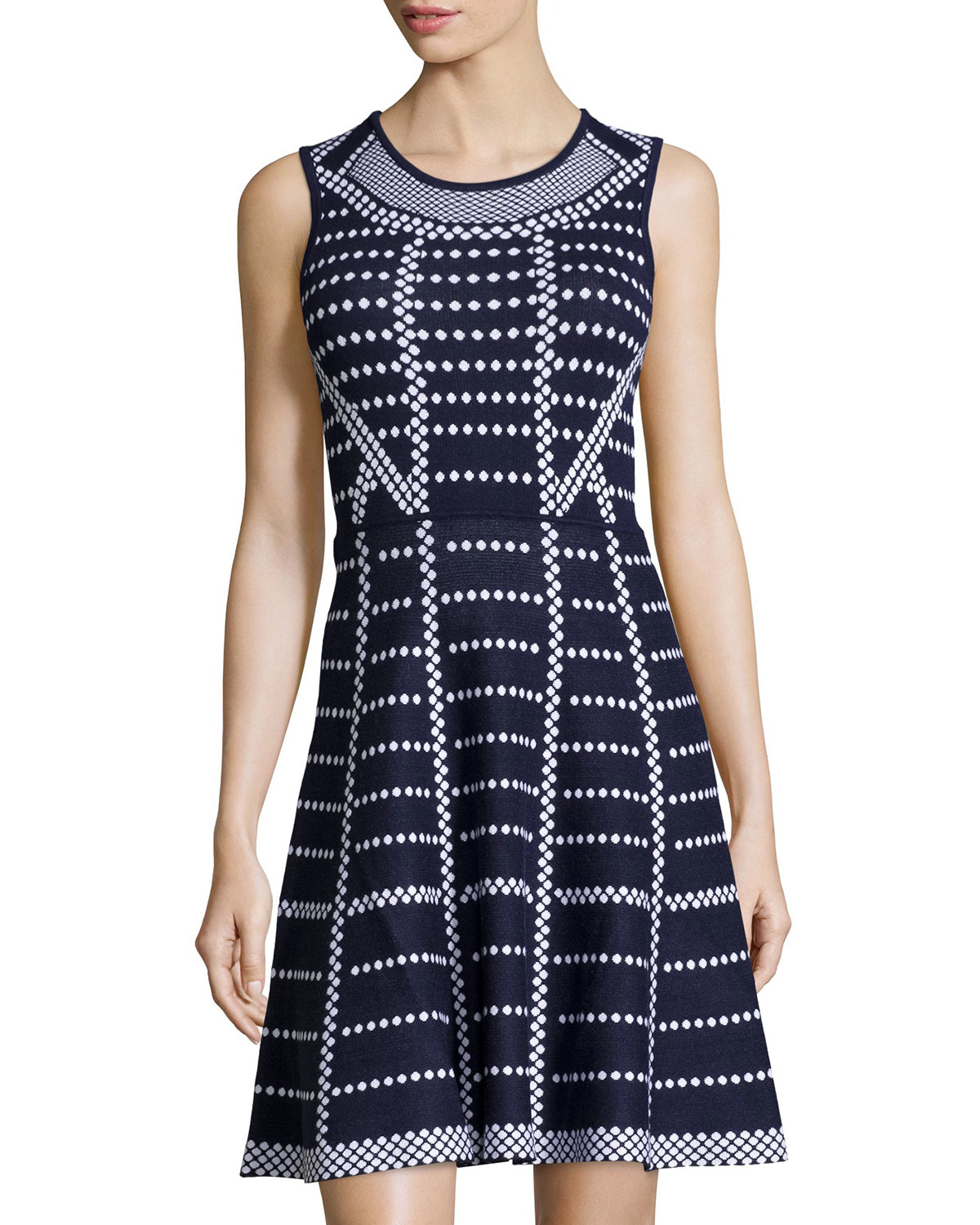 Neiman marcus Polkadotprint Sleeveless Fitandflare Knit Dress in