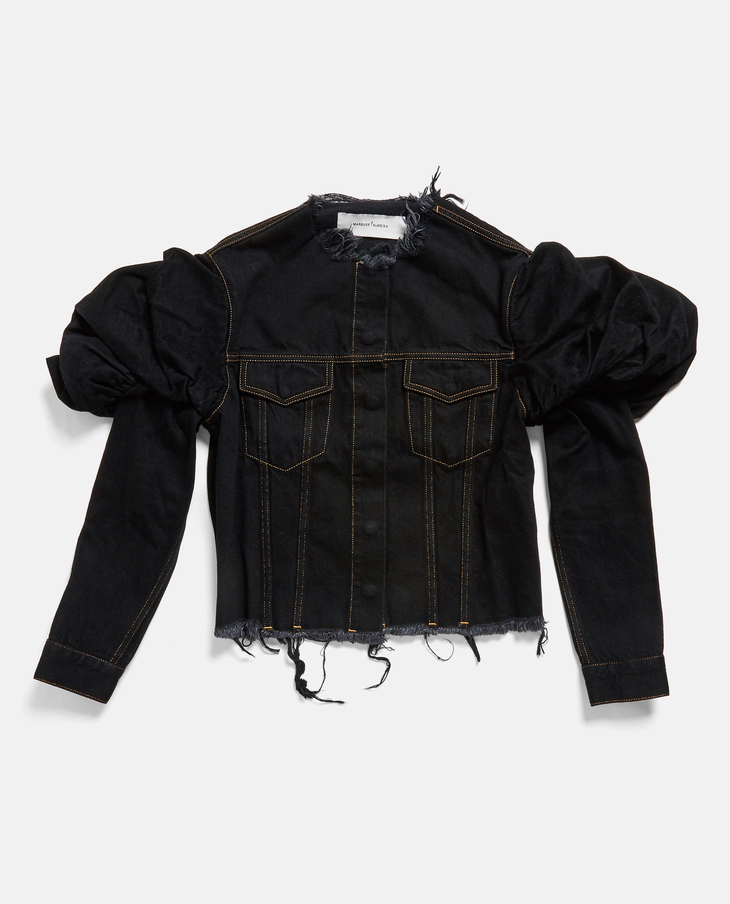 black puff shoulder denim jacket