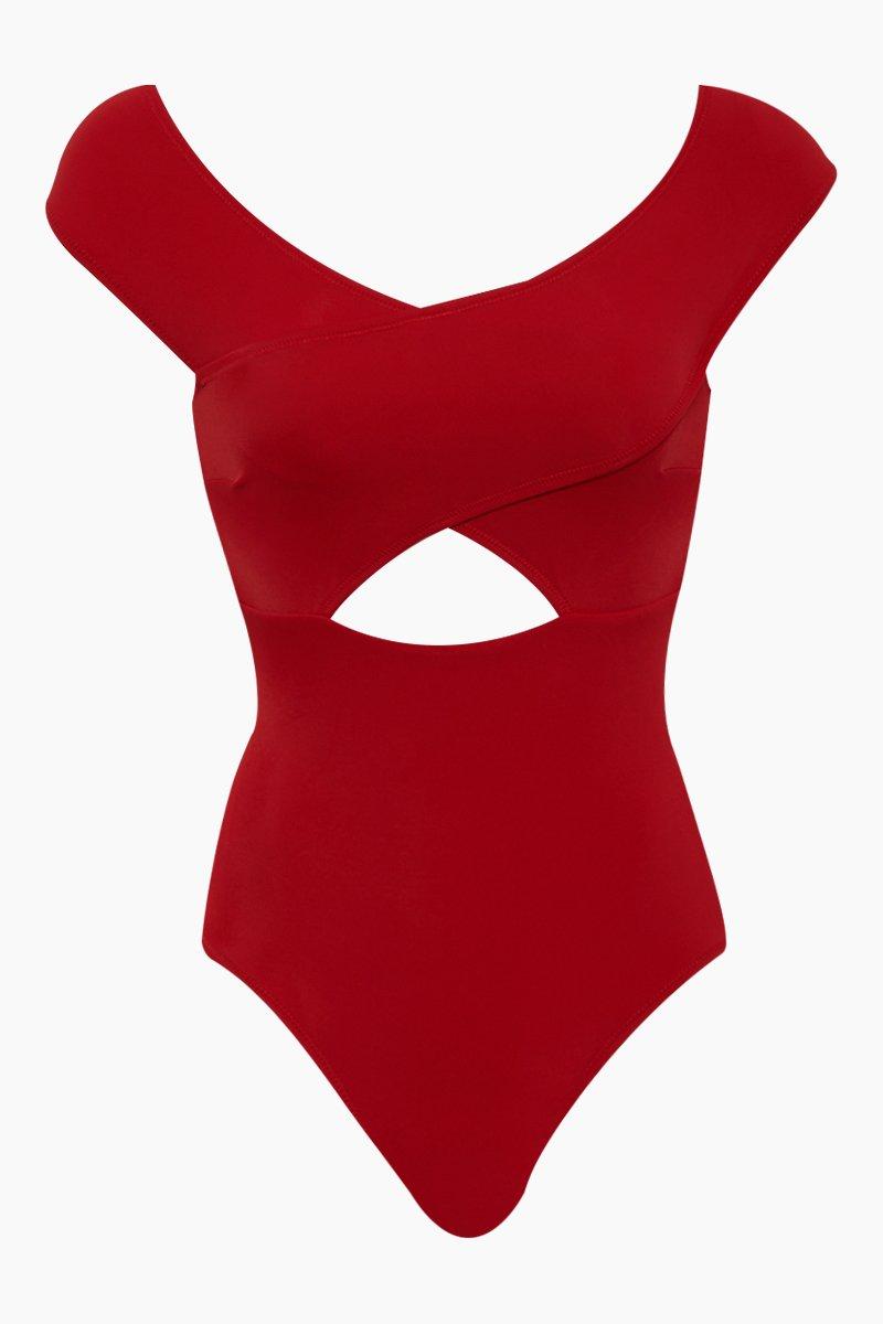 OYE Swimwear Lucette Off Shoulder Criss Cross Front Cut Out One Piece