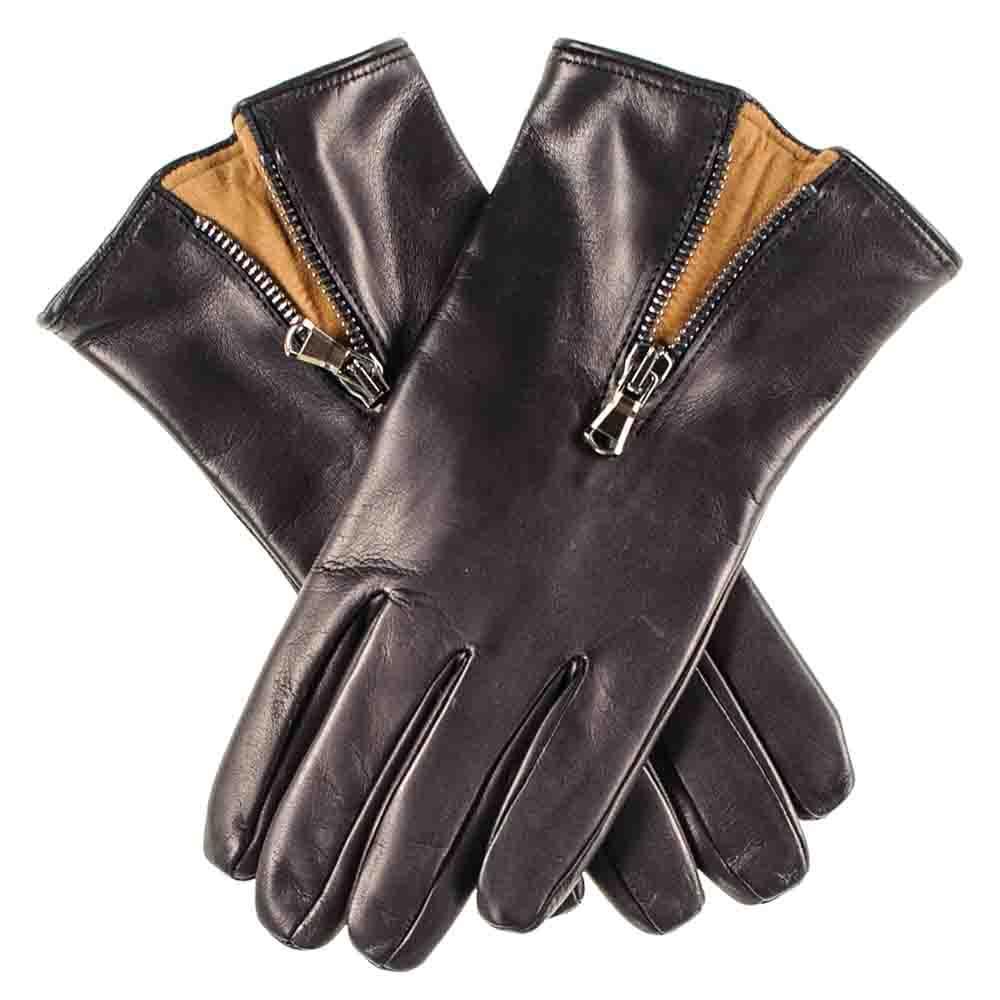 Black And Tobacco Cashmere Lined Leather Gloves With Zip Detail in