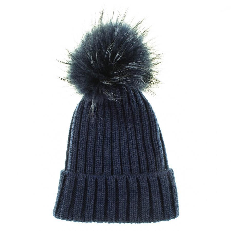 Navy Cashmere And Fur Pom Pom Beanie 