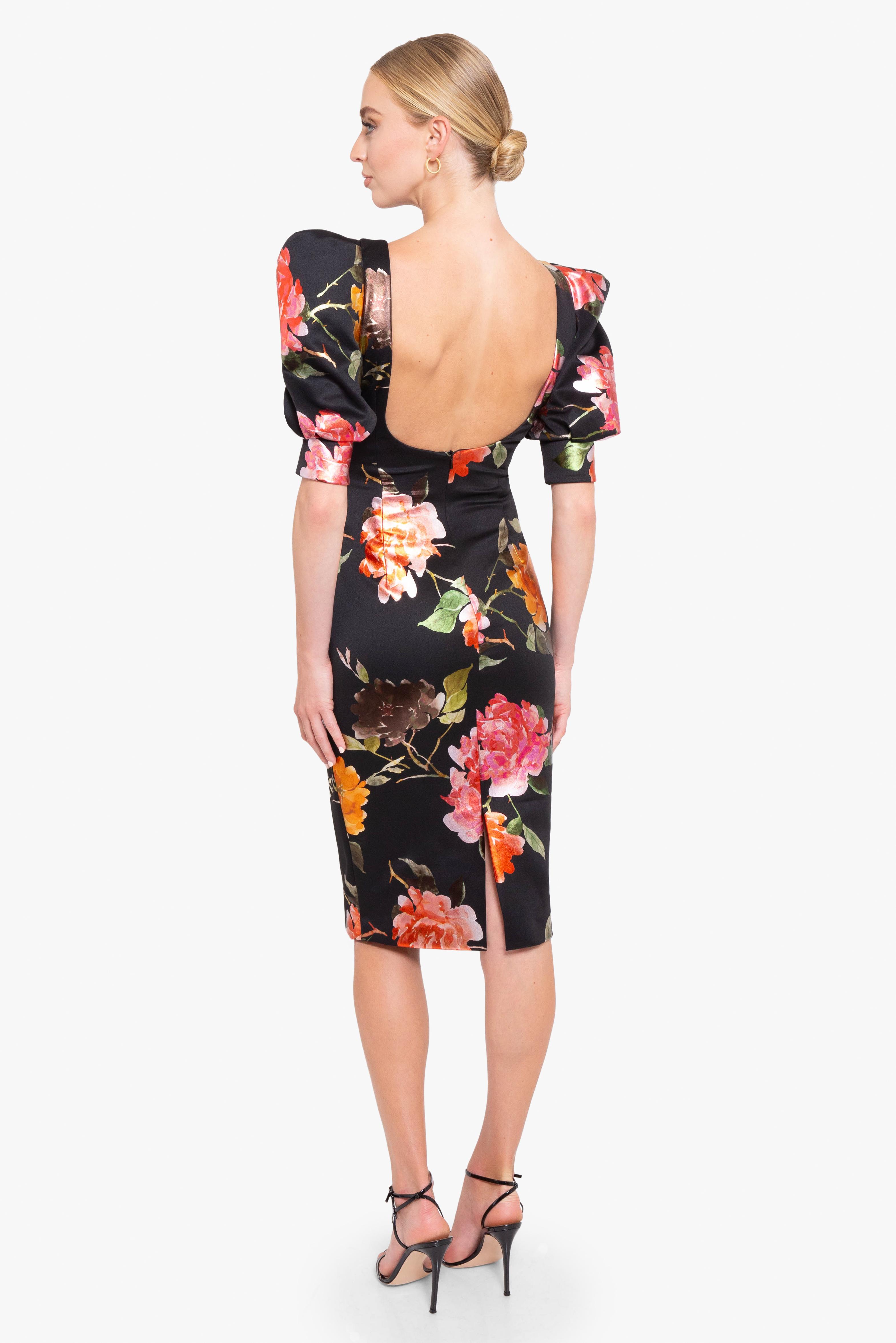 black halo floral dress Black Halo sleeveless floral cocktail dress w/ big ruffle