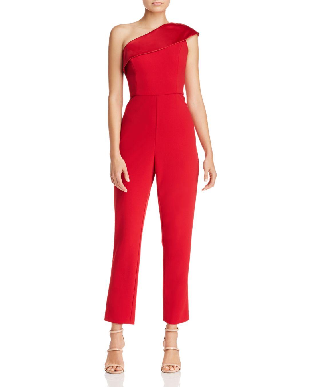 Adrianna Papell One-shoulder Knit Crepe Jumpsuit W/ Stretch Charmeuse  Neckline (cardinal) Jumpsuit & Rompers One Piece in Red - Lyst
