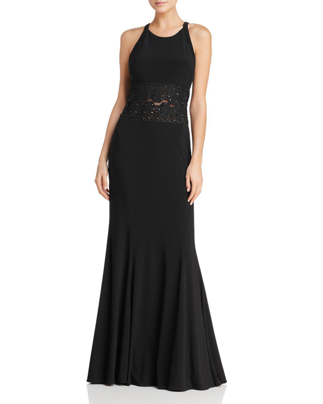 betsy & adam sequin & mesh overlay gown