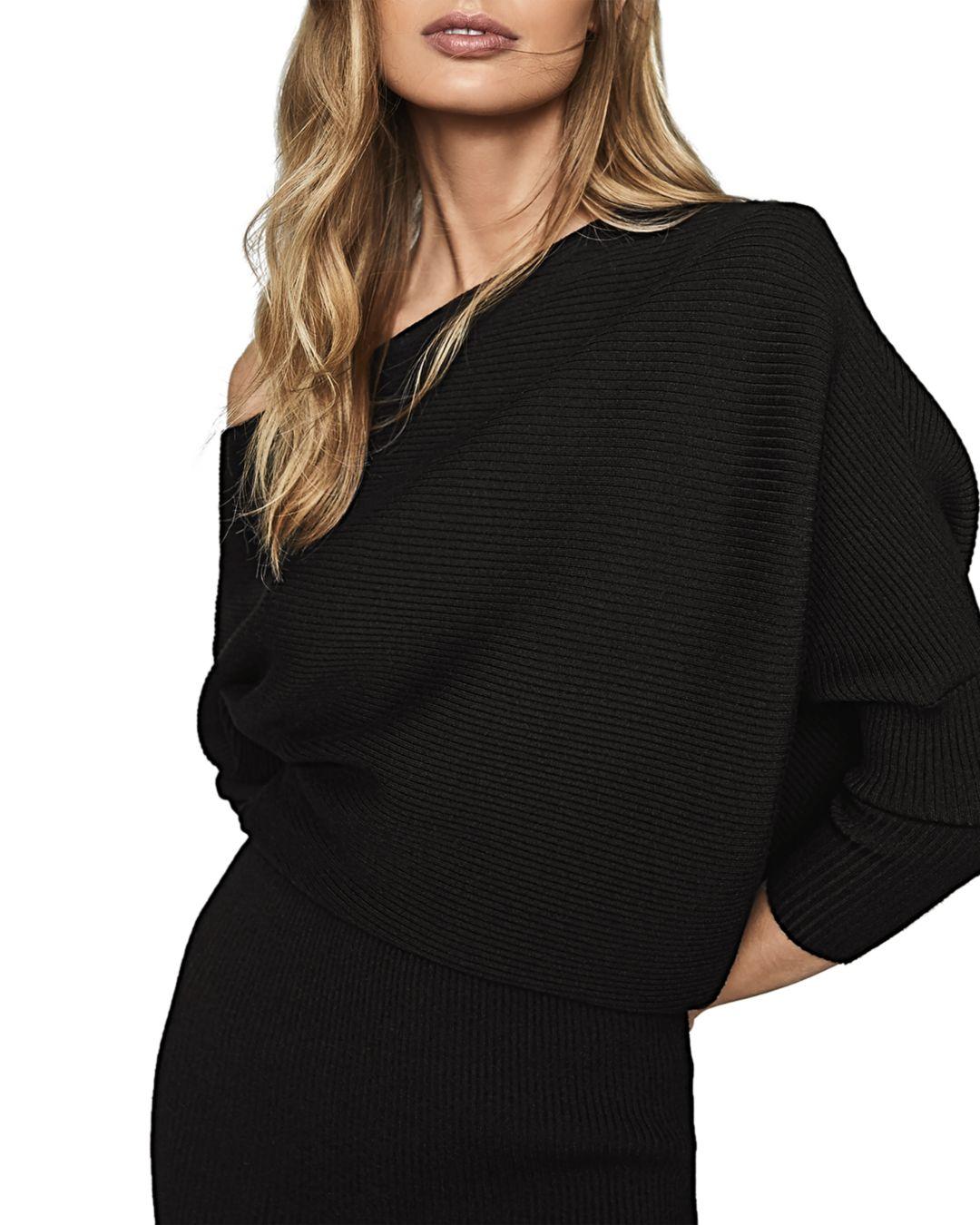 Reiss Synthetic Lara Ribbed Off - The - Shoulder Bodycon Dress in Black - Lyst