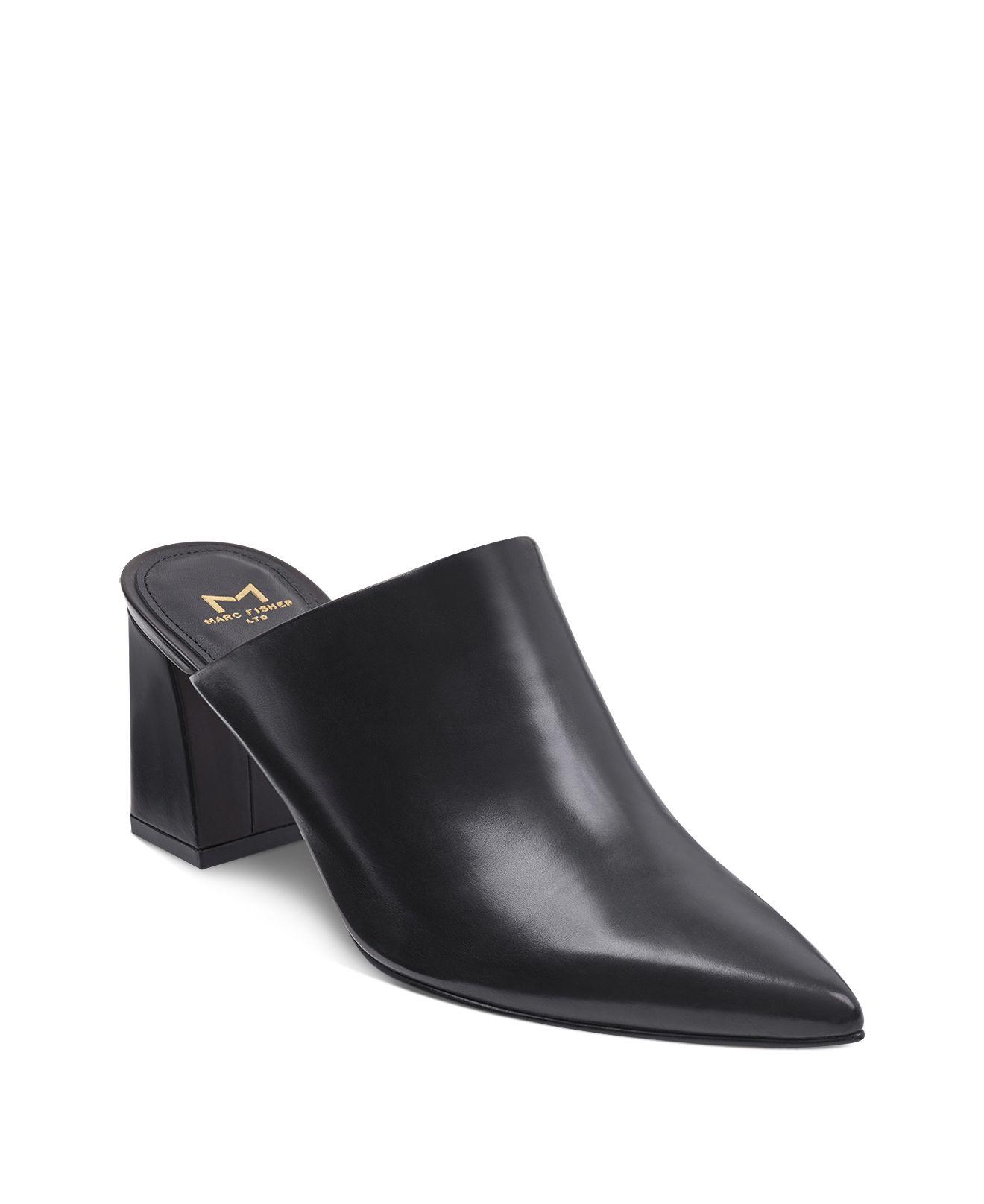 pointed toe block heel mules