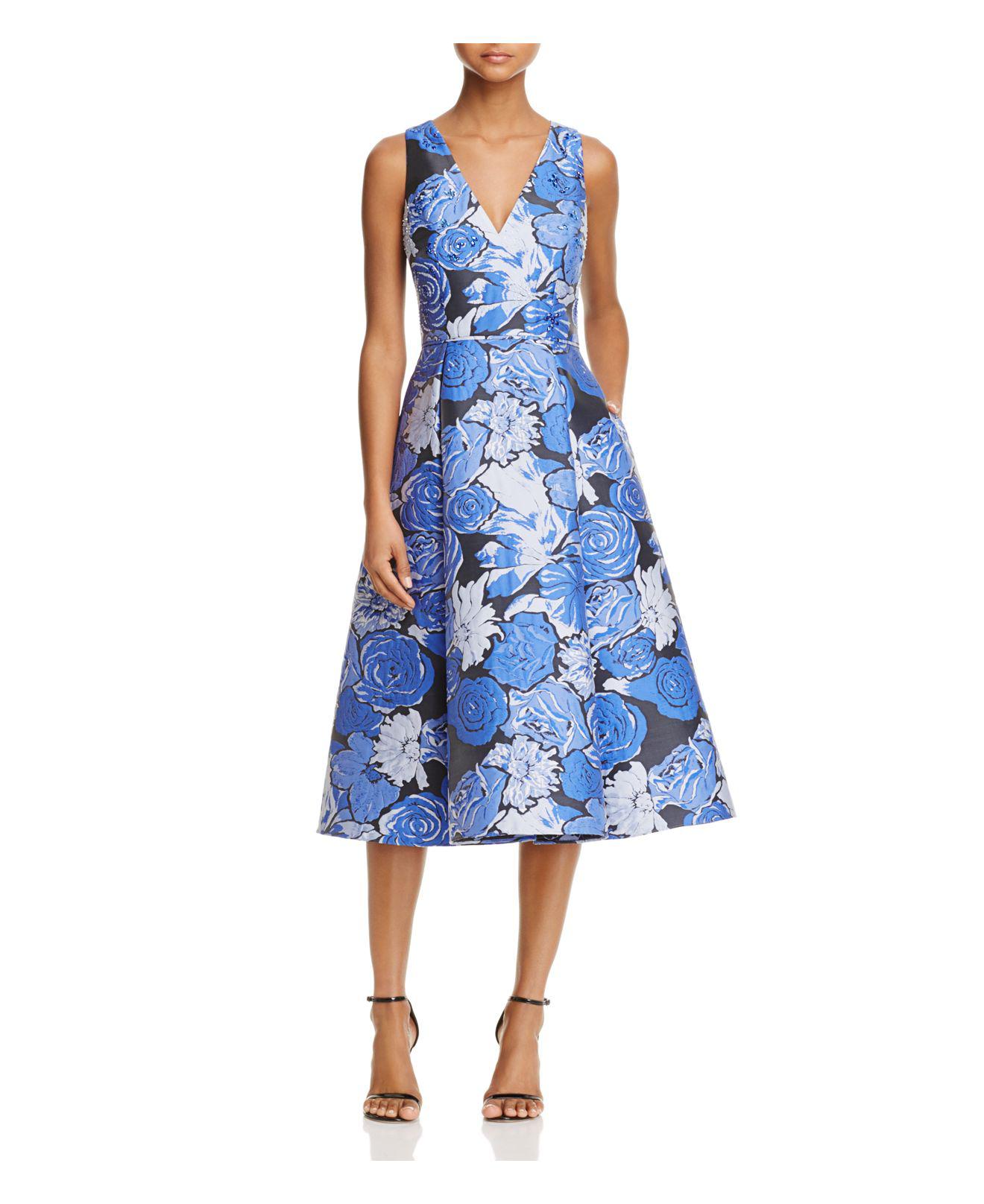 Adrianna Papell Floral V-neck Midi Dress in Blue - Lyst