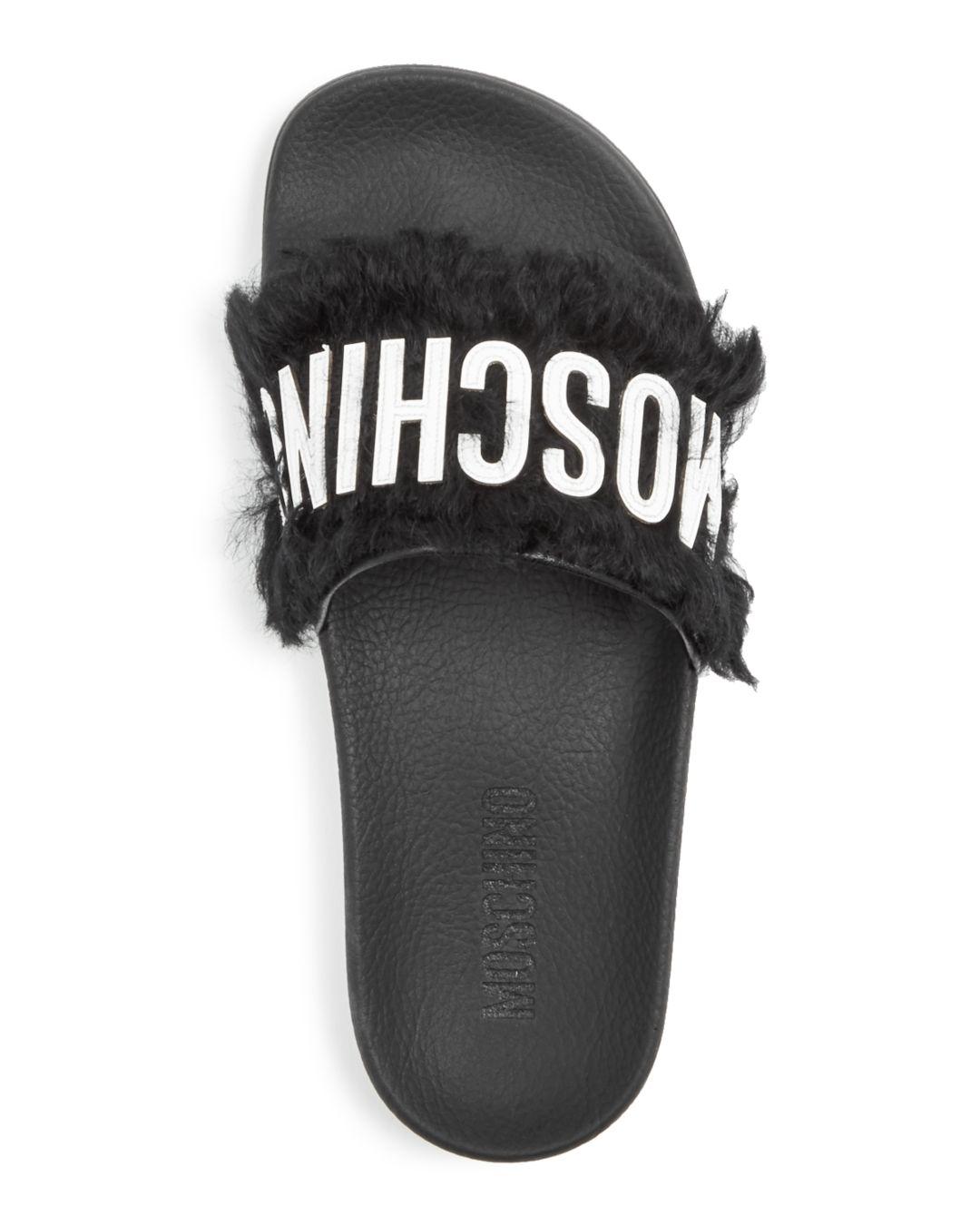 Faux-fur Pool Slide Sandals in Black 