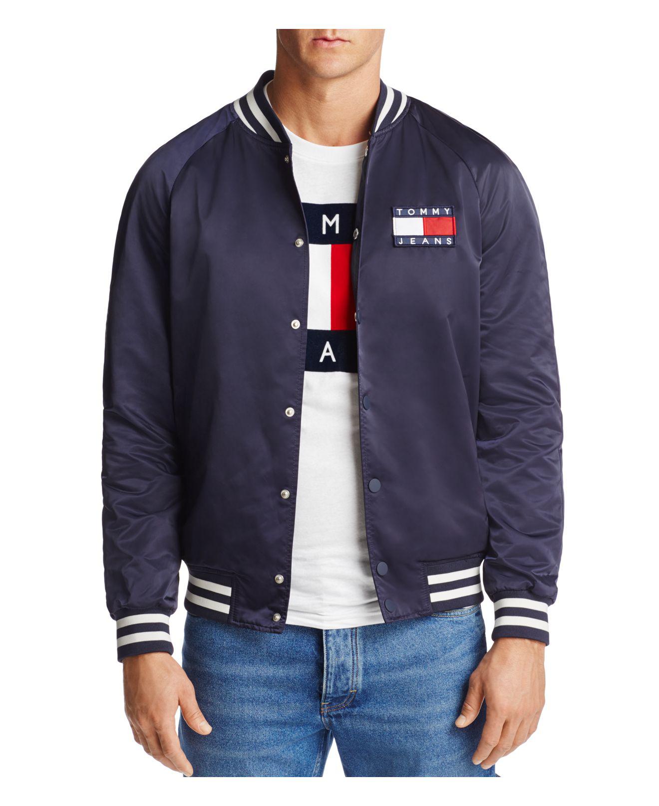 Tommy Hilfiger Satin Varsity Logo Bomber Jacket in Navy (Blue) for Men ...