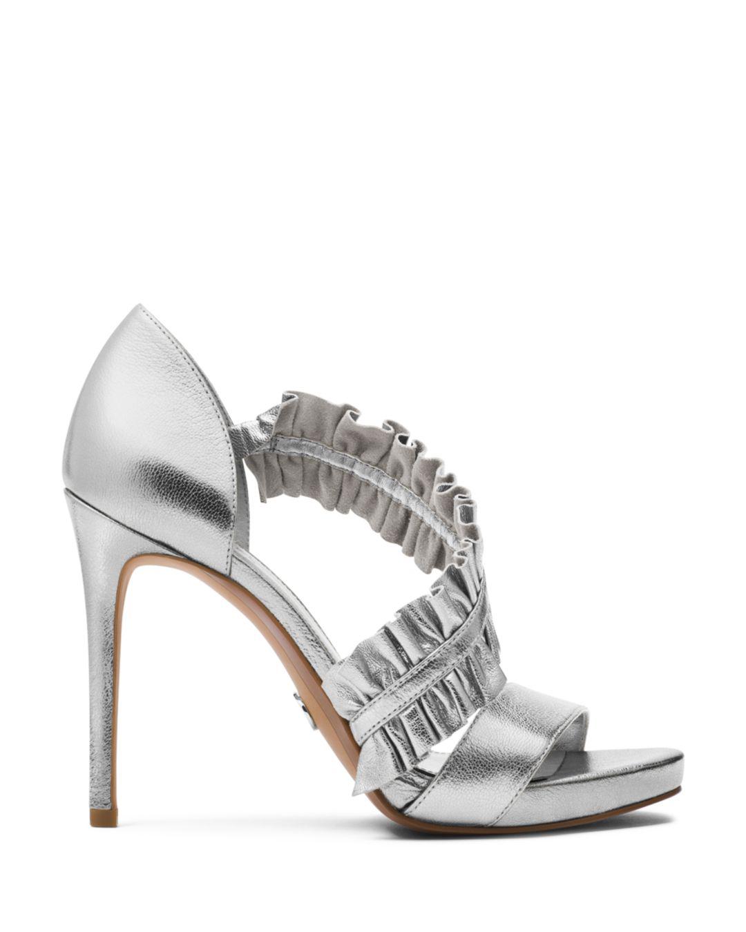 MICHAEL Michael Kors Women&#39;s Bella Ruffled Leather Platform High-heel Sandals in Metallic - Lyst