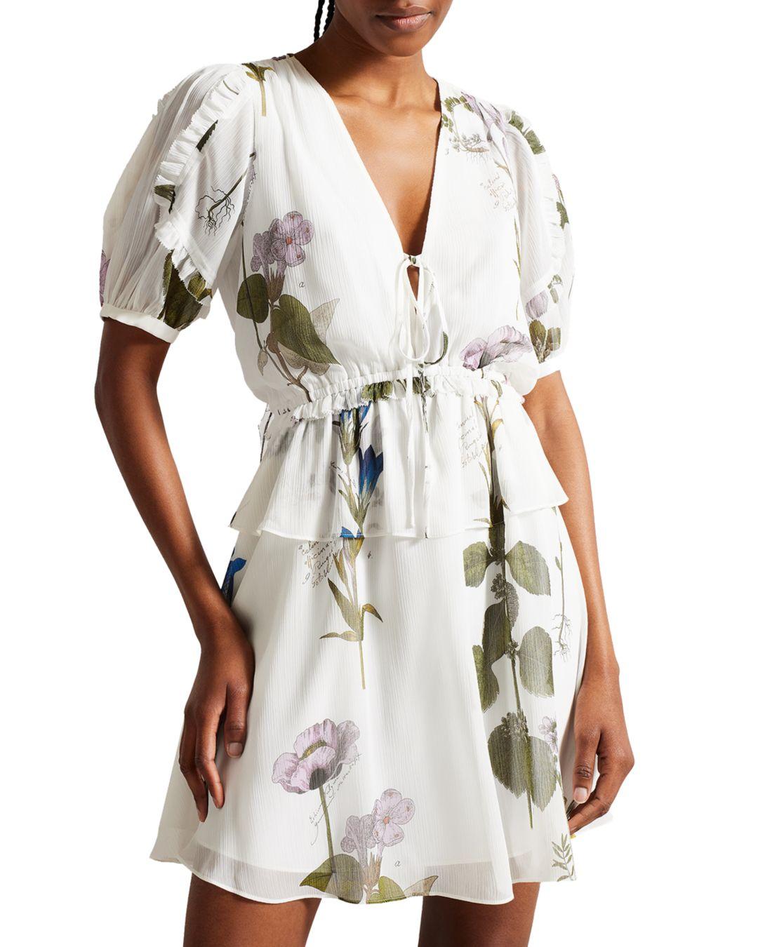 Ted Baker Jaliyaa Tie Front Floral Mini Dress in White | Lyst