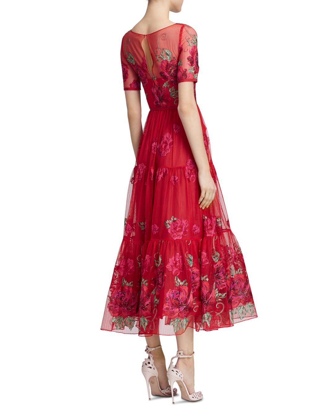 marchesa notte red floral embroidered sheath