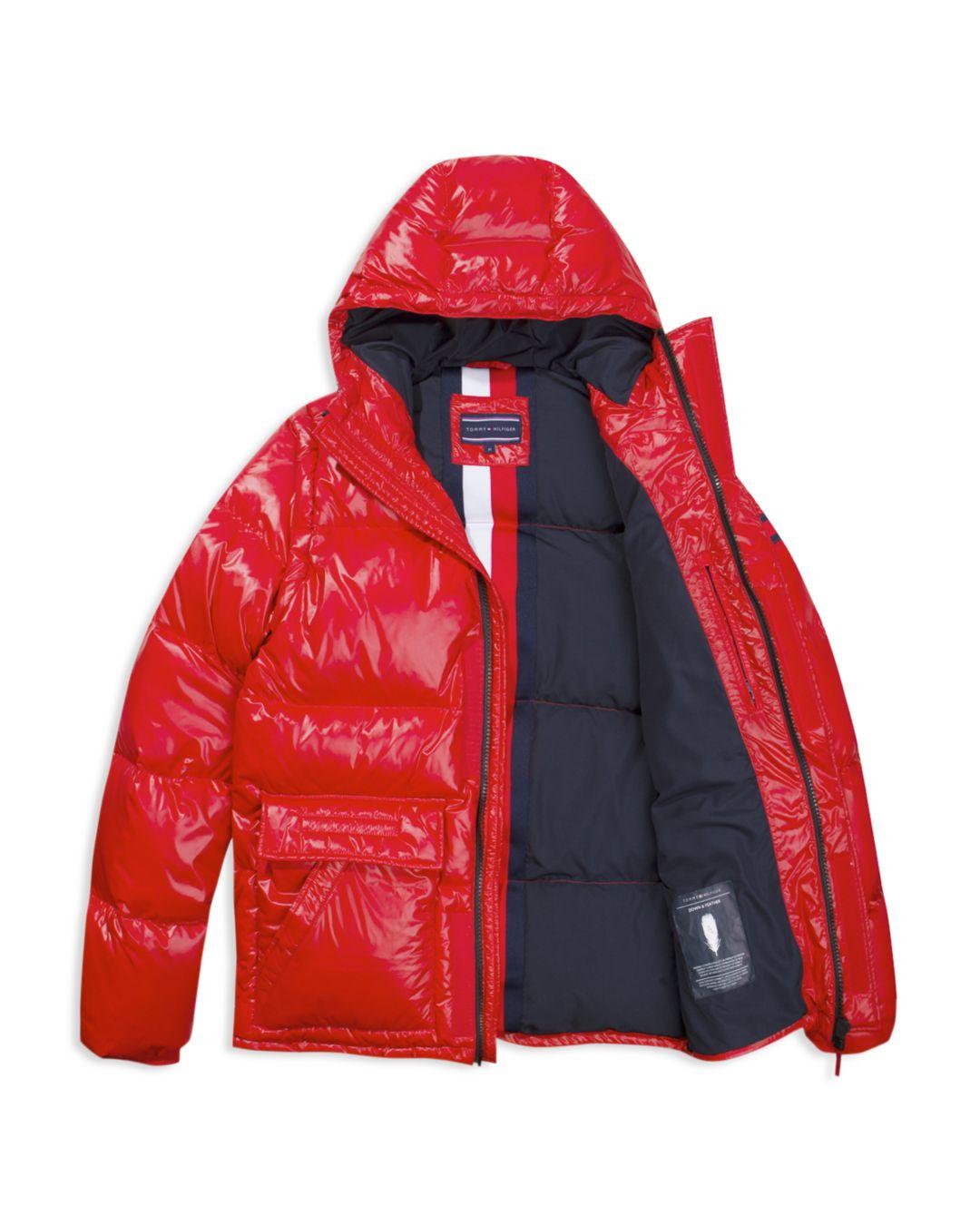 Tommy Hilfiger Synthetic Hooded Down Bomber Jacket in Red for Men | Lyst