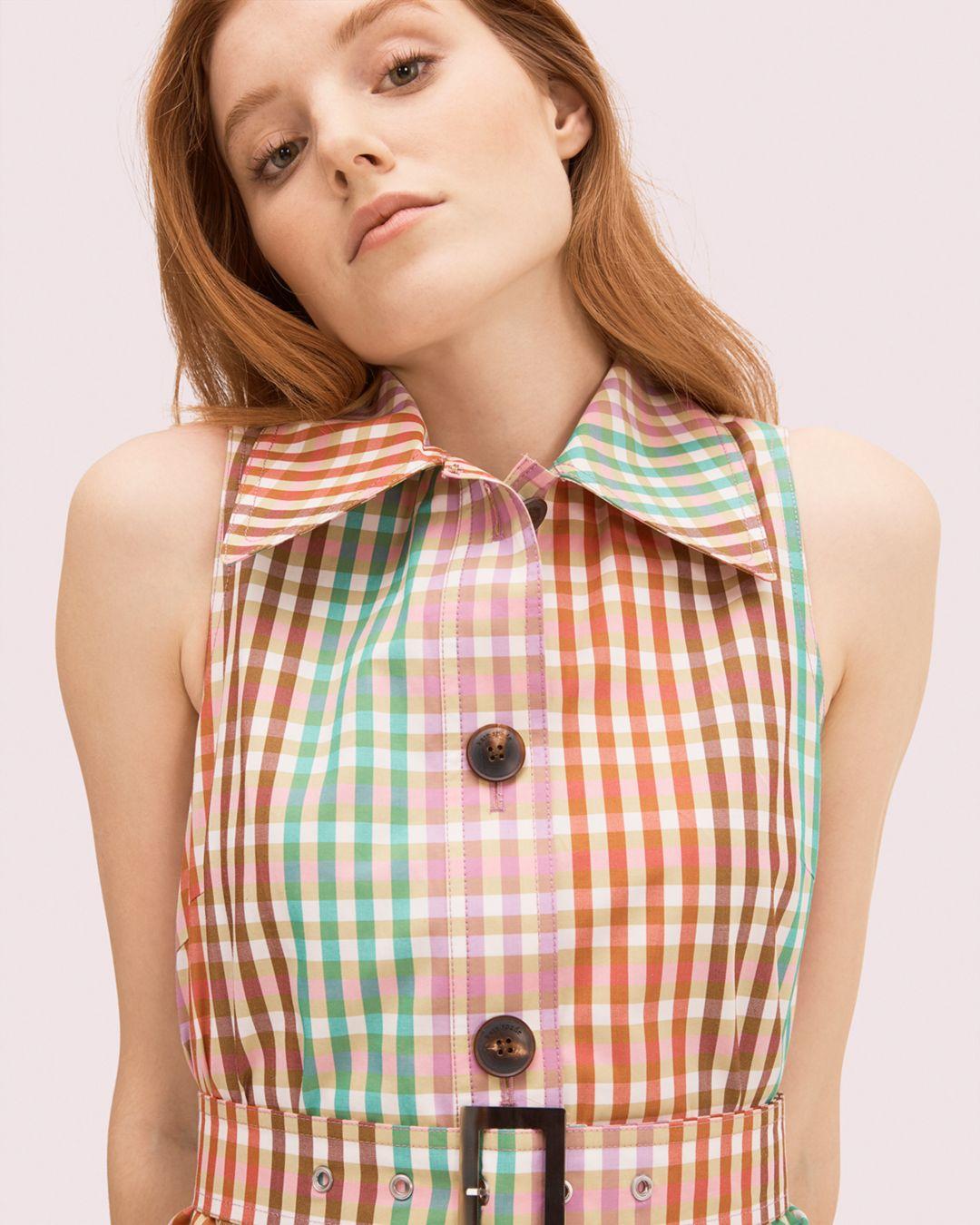 Synthetic Rainbow Plaid Shirtdress 
