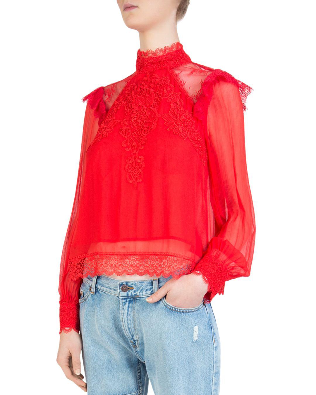 The Kooples Sheer & Lace-detail Top in Red - Lyst