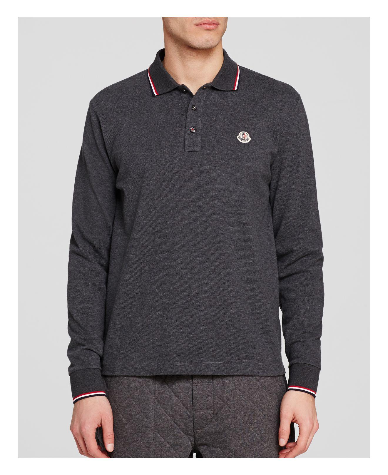 Moncler Cotton Tipped Long-sleeve Polo Shirt in Grey (Gray) for Men - Lyst