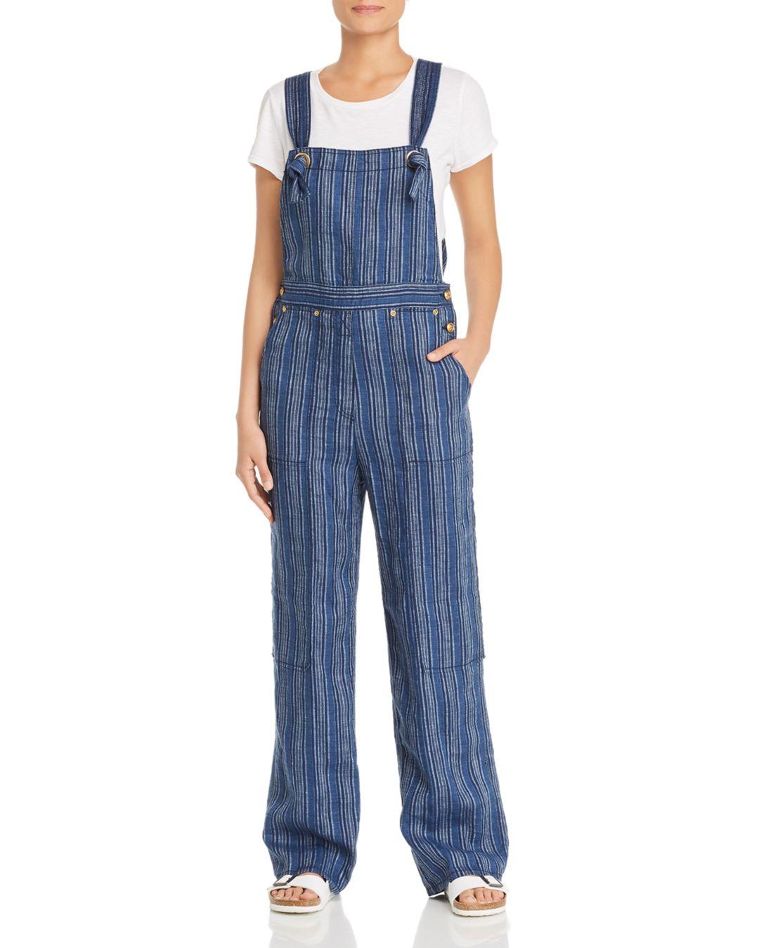 striped linen overalls