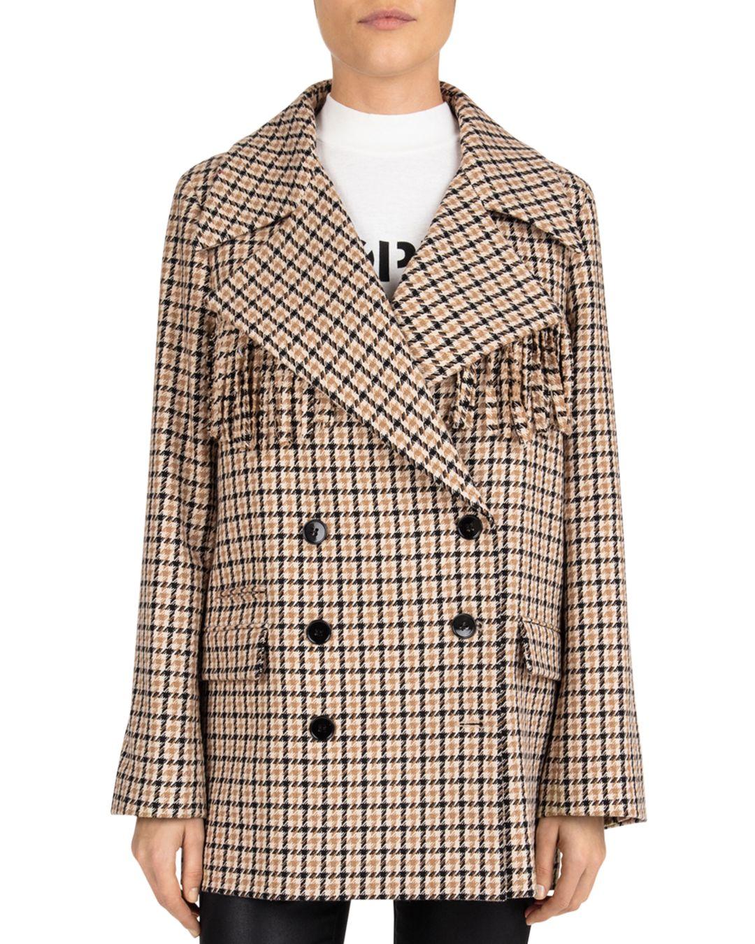 The Kooples Cotton Fringed Plaid Double - Breasted Coat in Beige/Brown ...